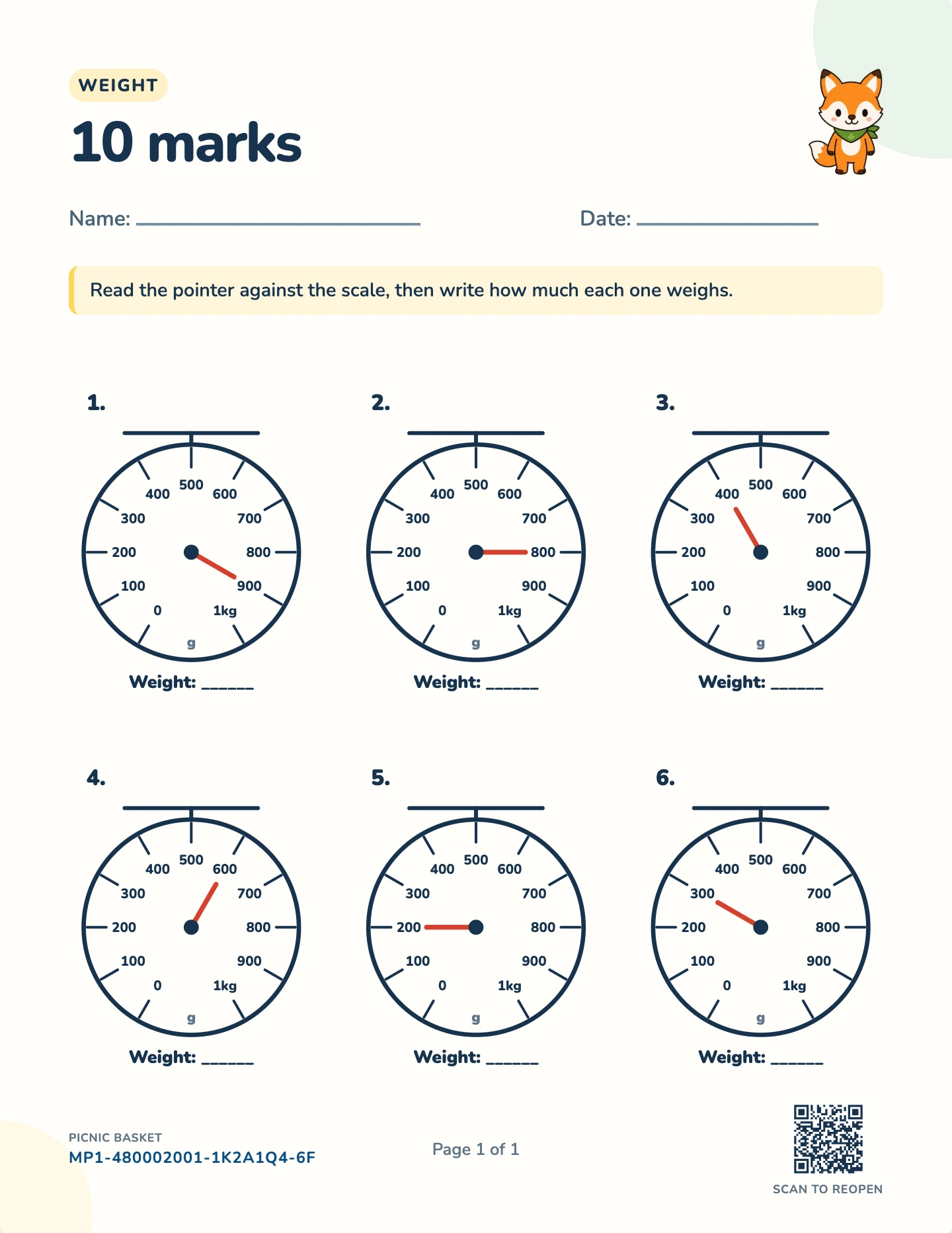 Read dial scales worksheet — 1 kg · 100 g marks, free printable with answer key