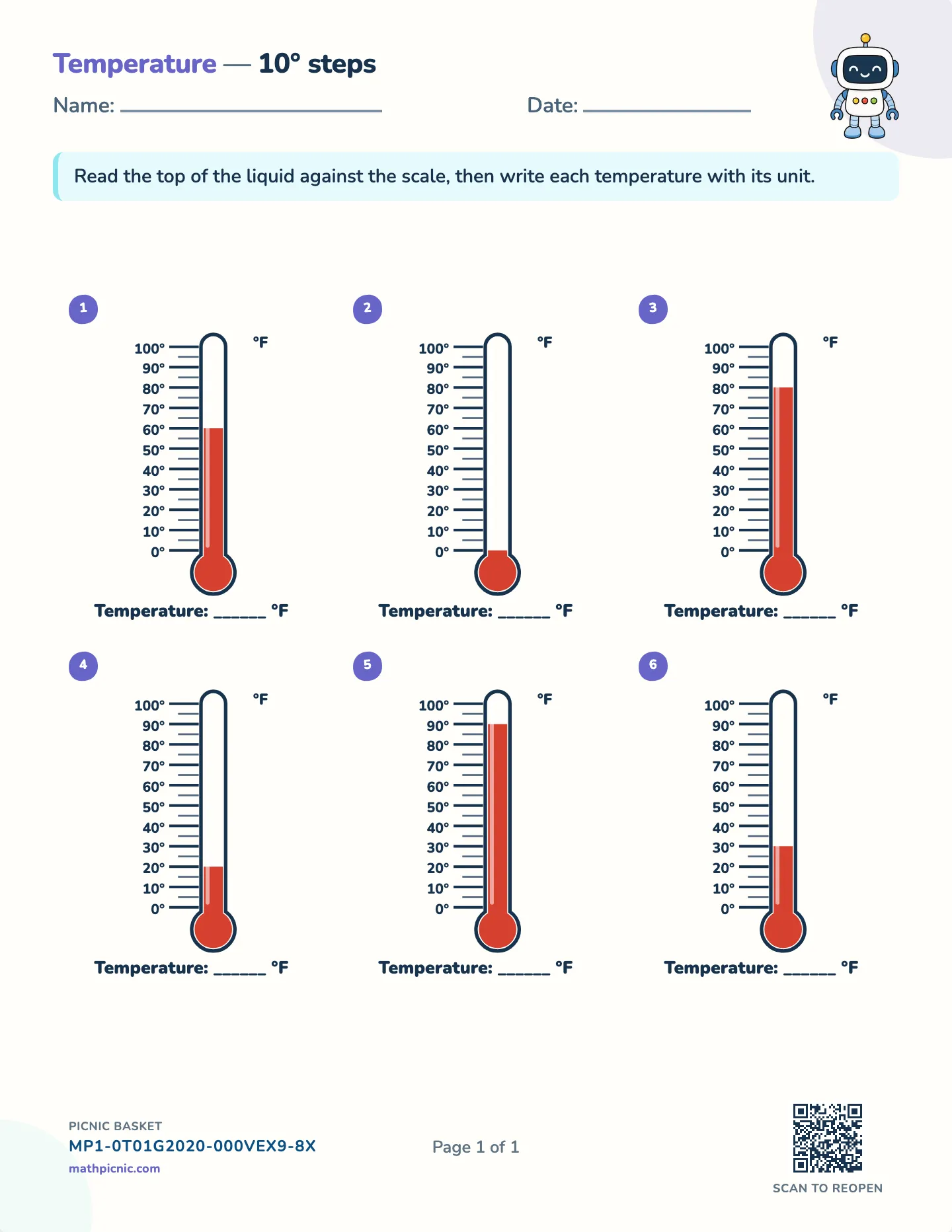 Read Fahrenheit thermometers worksheet — Fahrenheit · 10° steps, free printable with answer key