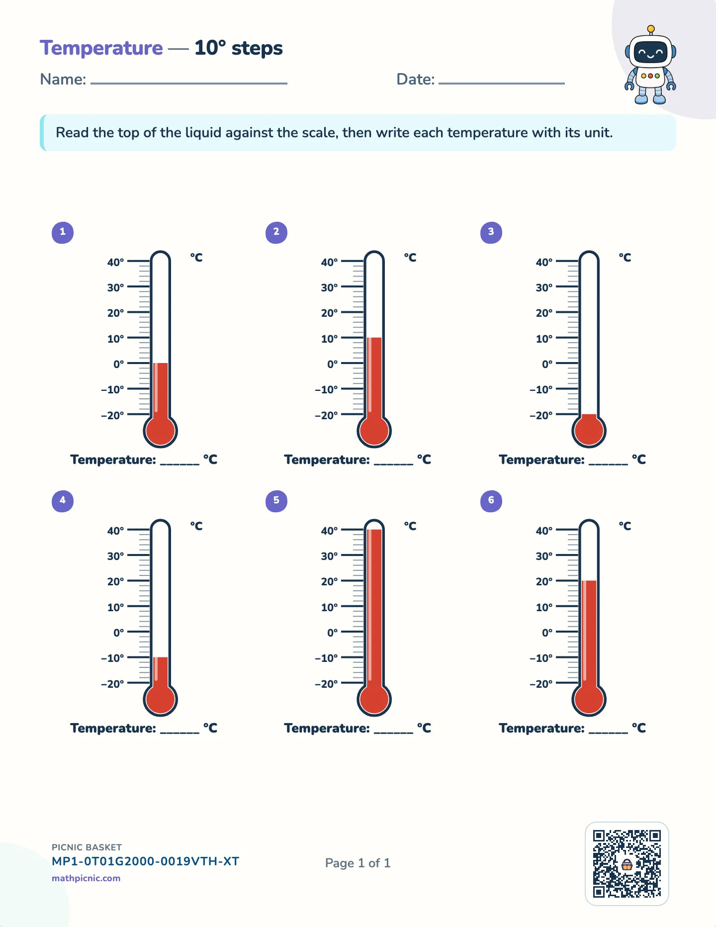 Read thermometers worksheet — free printable with answer key