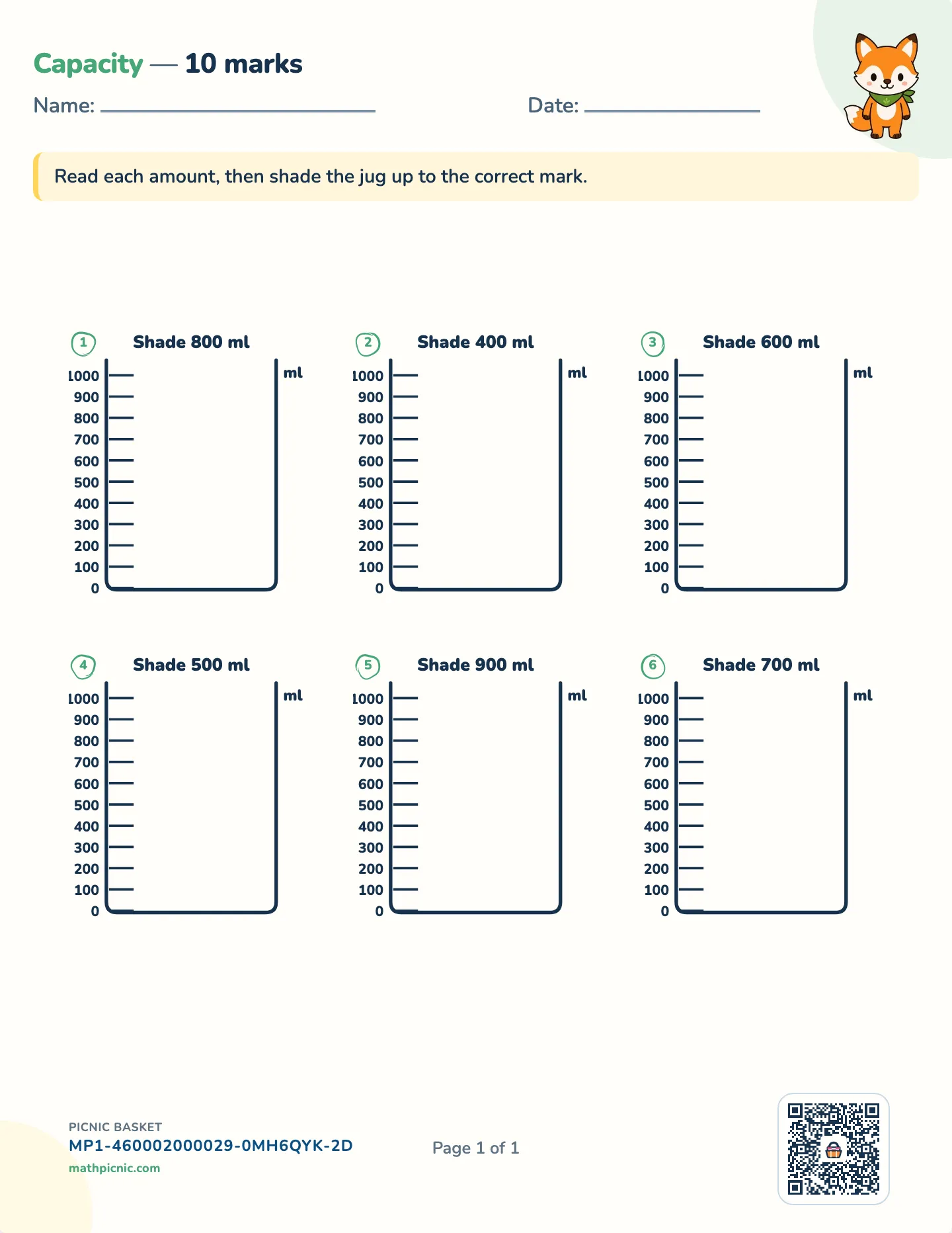 Shade beakers worksheet — 1 liter · 100 ml marks, free printable with answer key