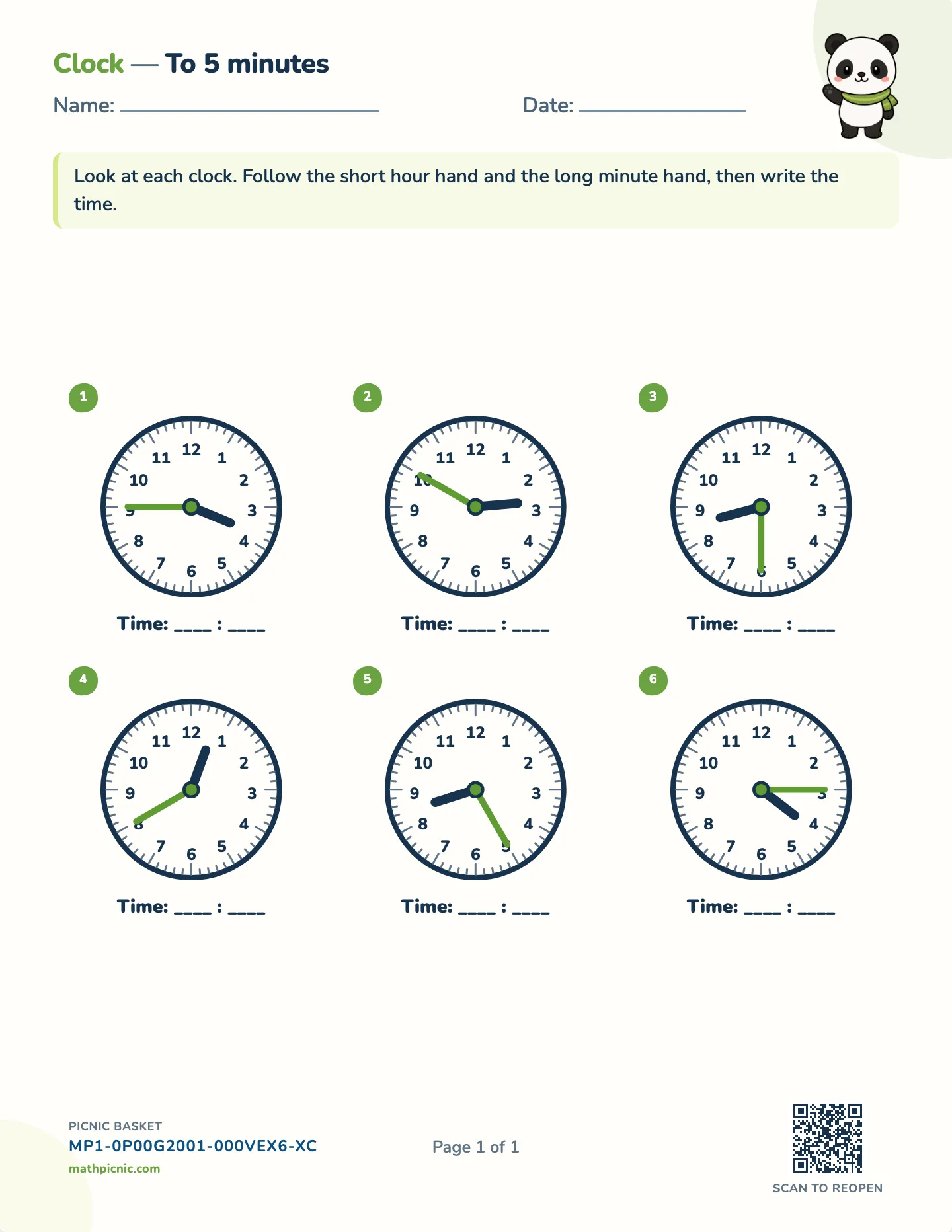 Tell time to five minutes worksheet — Five-minute clocks, free printable with answer key