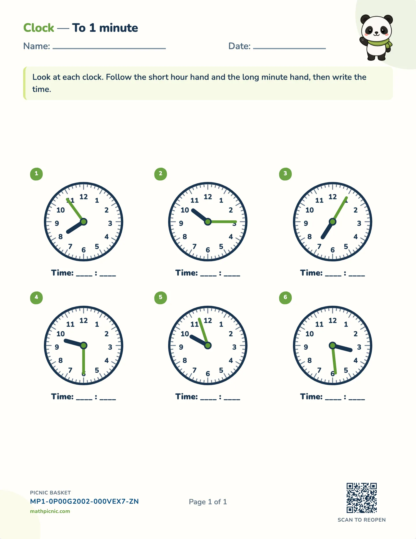 Tell time to the minute worksheet — To the exact minute, free printable with answer key