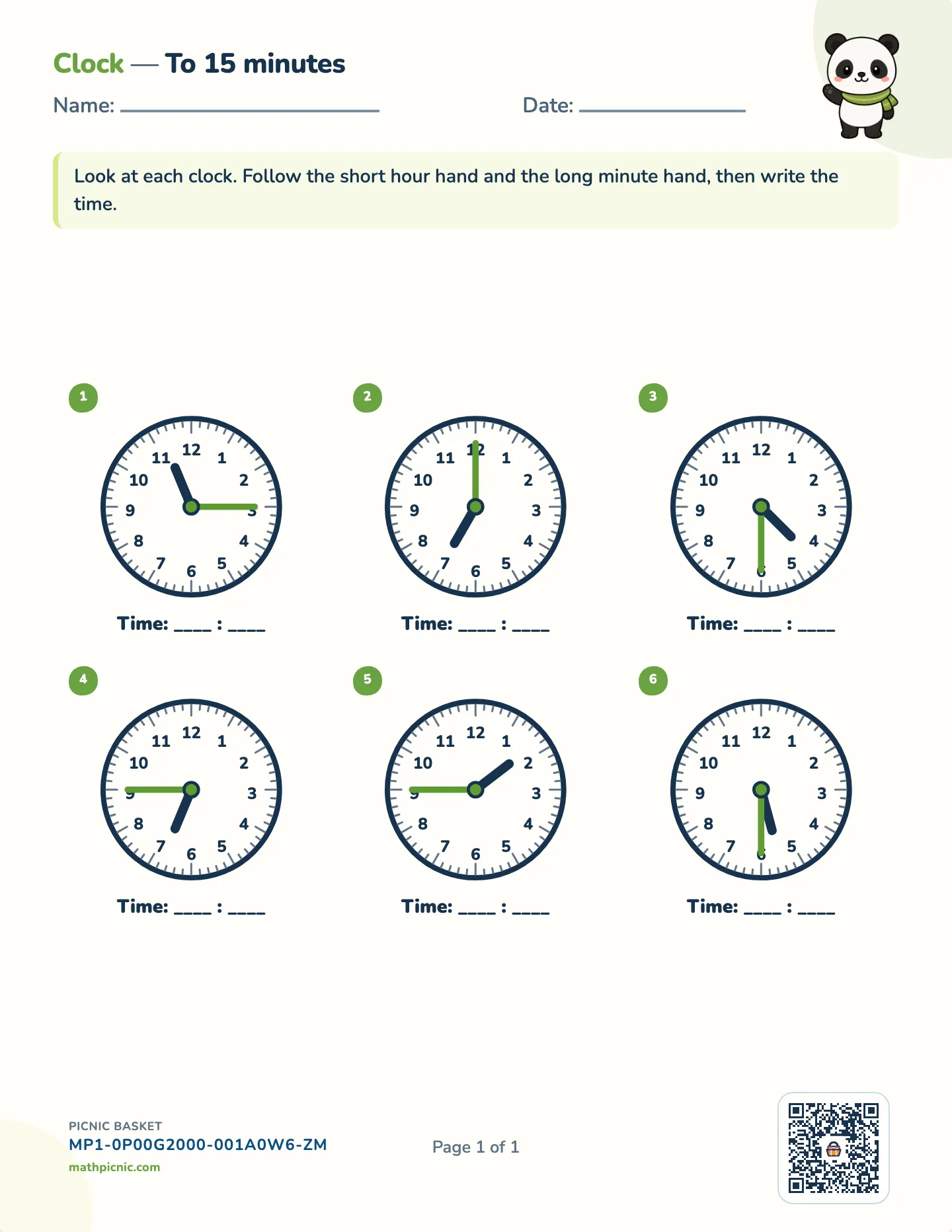 Tell time to the quarter hour worksheet — Quarter-hour clocks, free printable with answer key