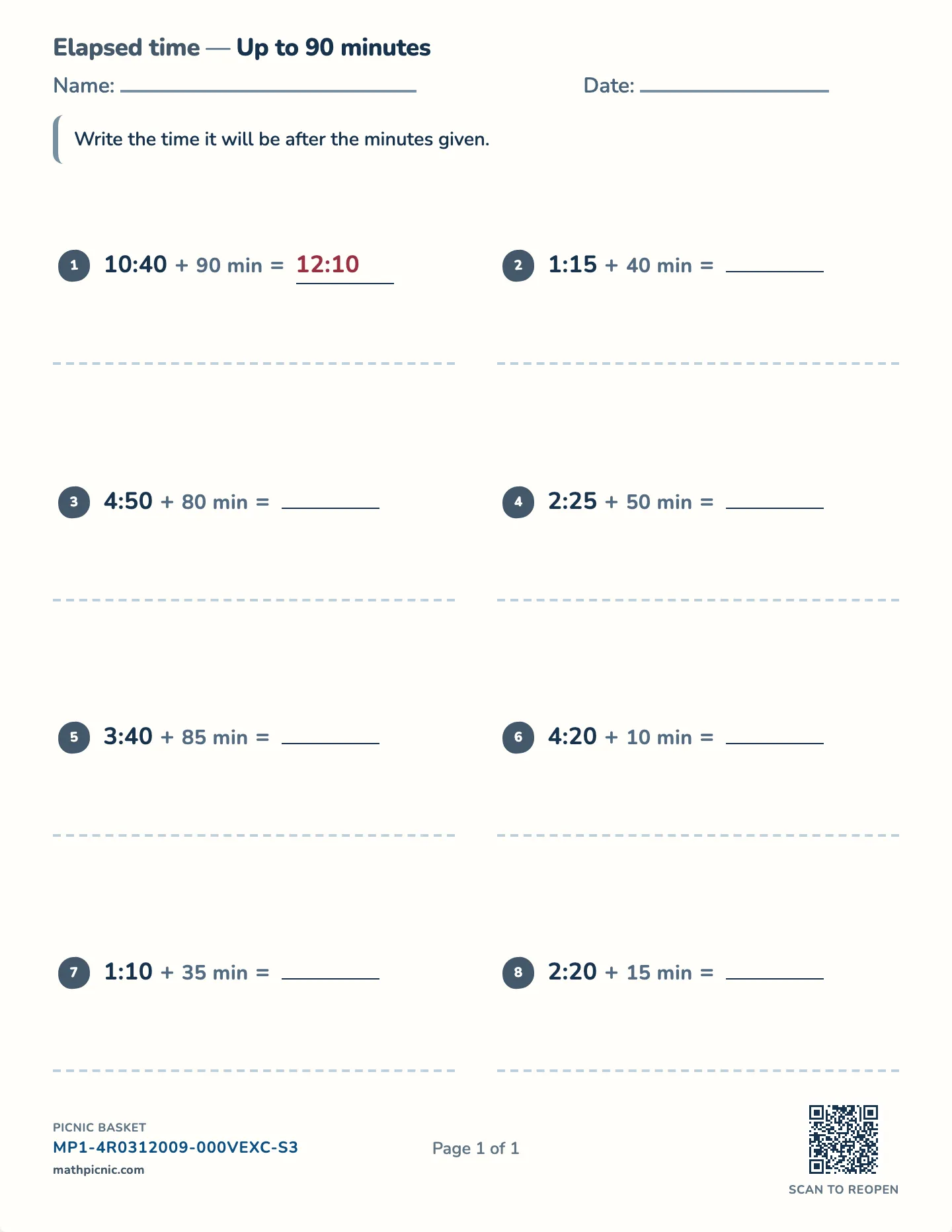 What time will it be worksheet — Start + interval → end time, free printable with answer key