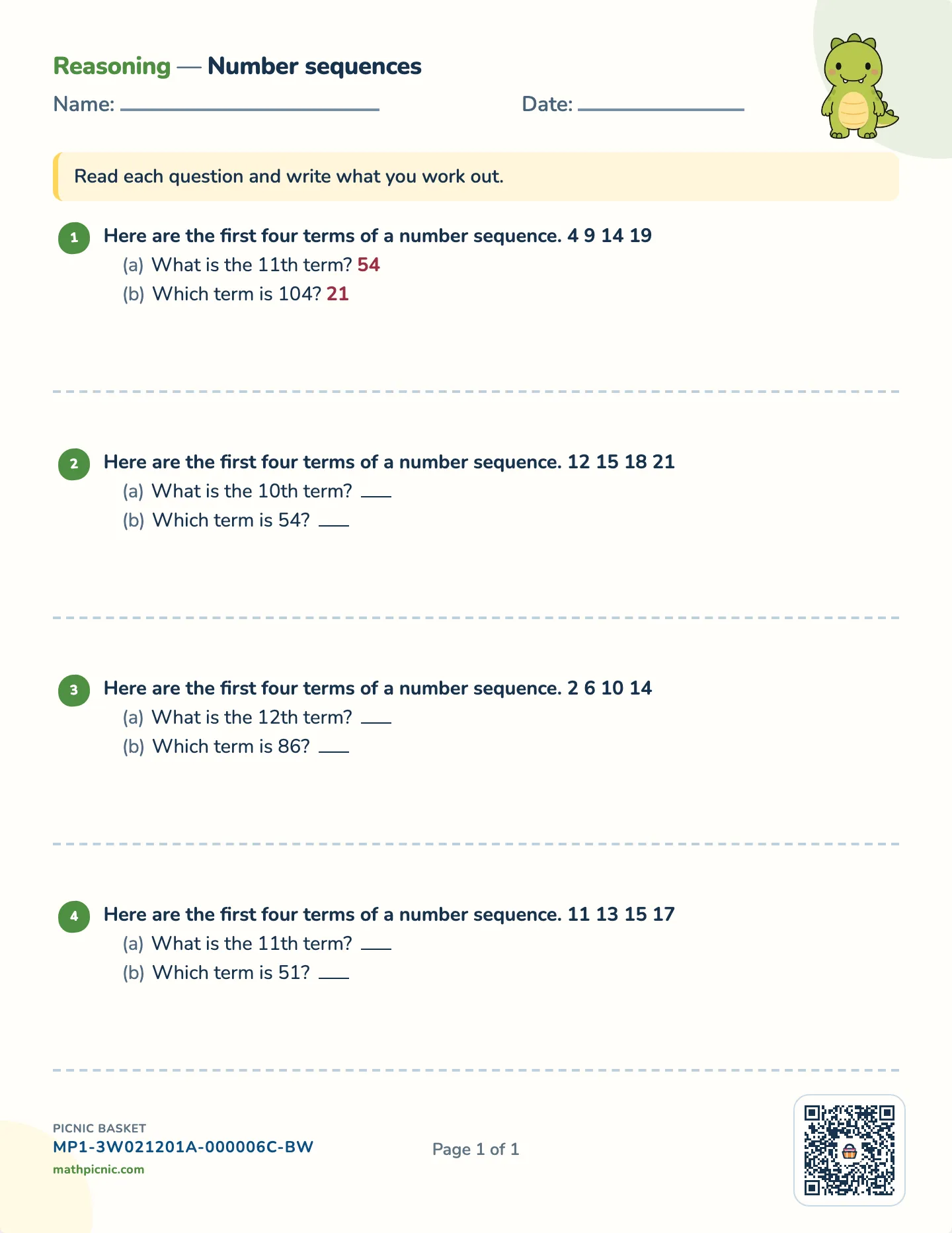 Number sequences worksheet — Name the rule, extend it, free printable with answer key