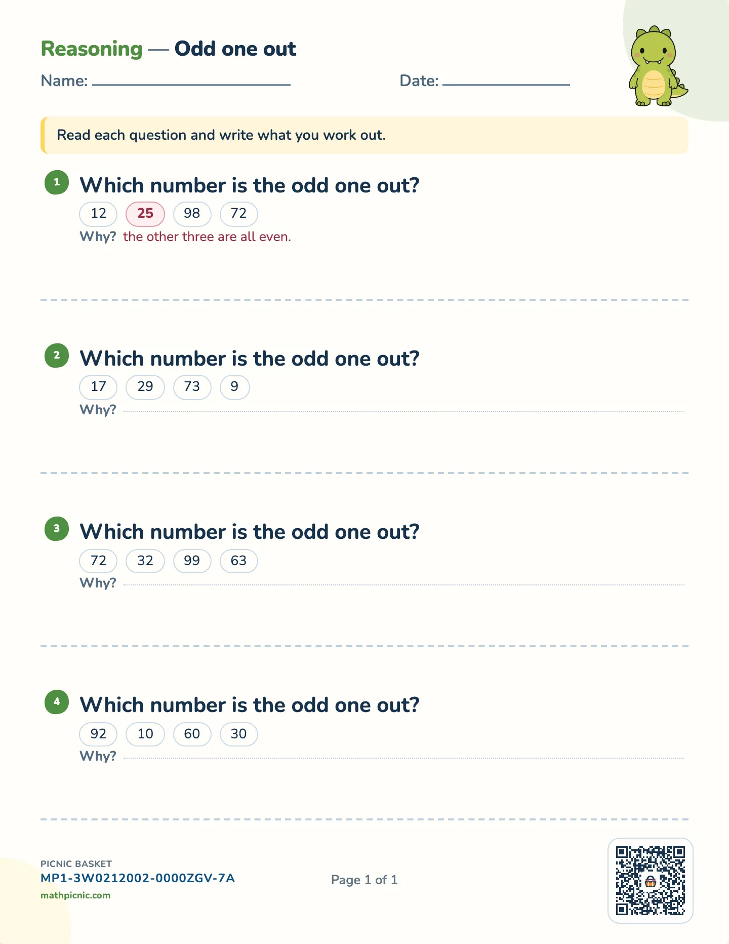 Odd one out worksheet — free printable with answer key