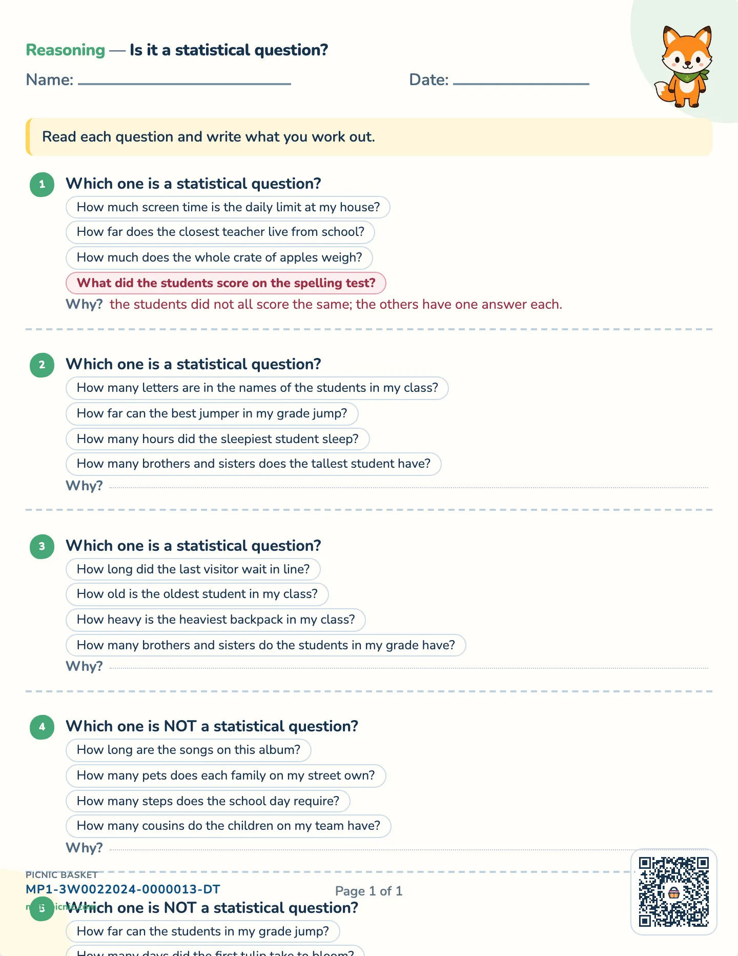 Statistical questions worksheet — Four questions to read, free printable with answer key
