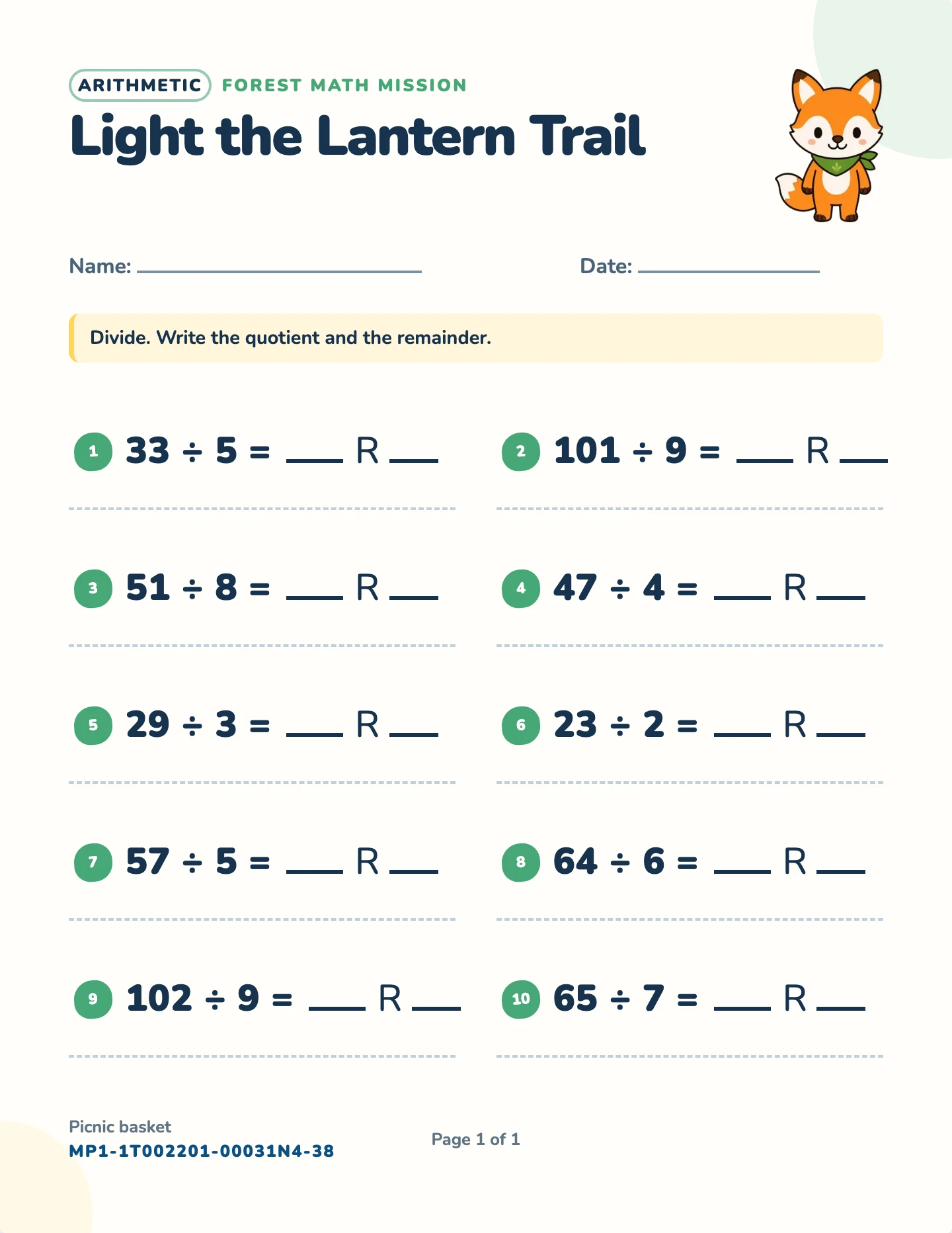 Division with remainders worksheet — Facts with a remainder, free printable with answer key