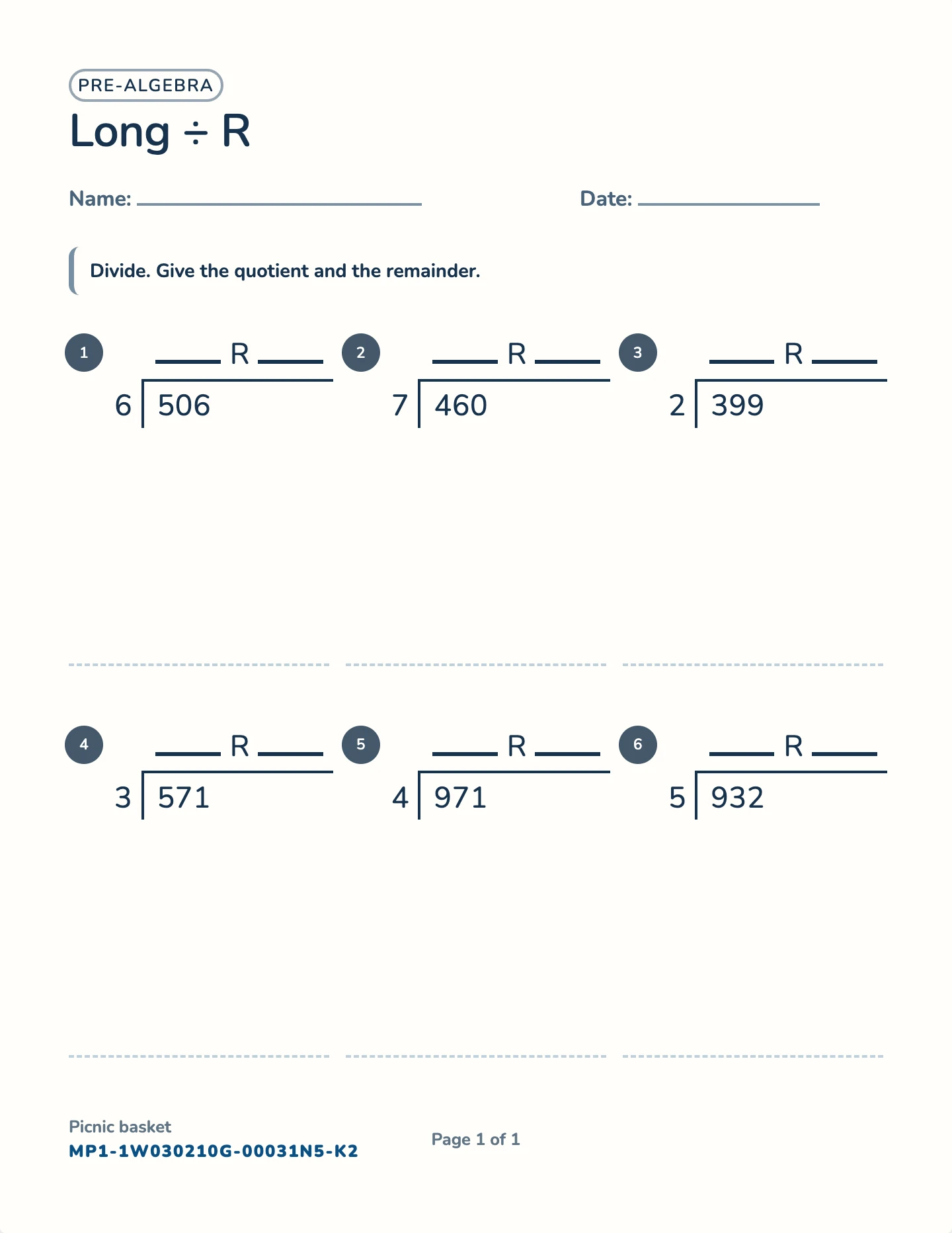 Long division with remainders worksheet — Multi-digit ÷ with remainder, free printable with answer key