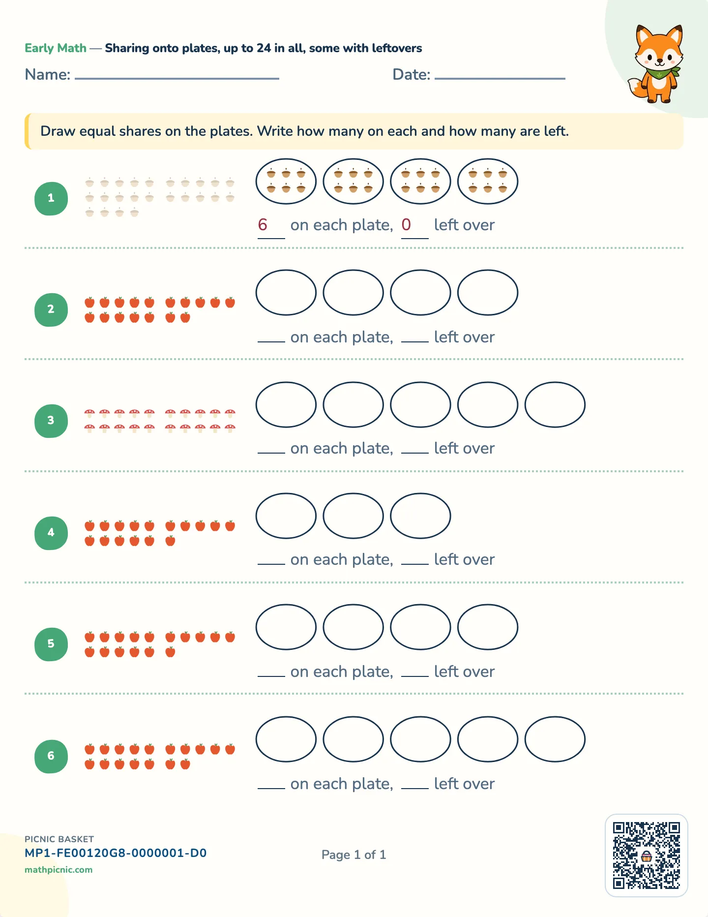 Sharing with leftovers worksheet — Piles of 12 to 24, free printable with answer key