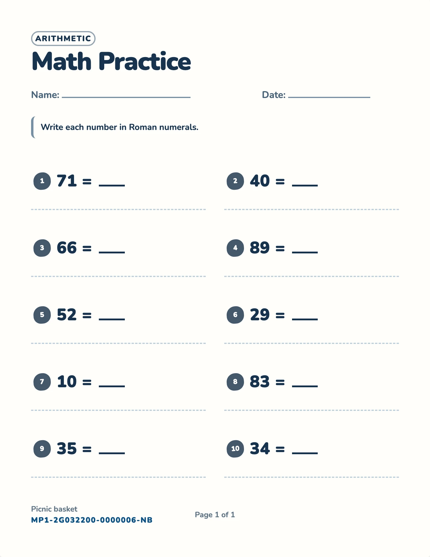 Roman numerals worksheet — Numbers 1–100, free printable with answer key