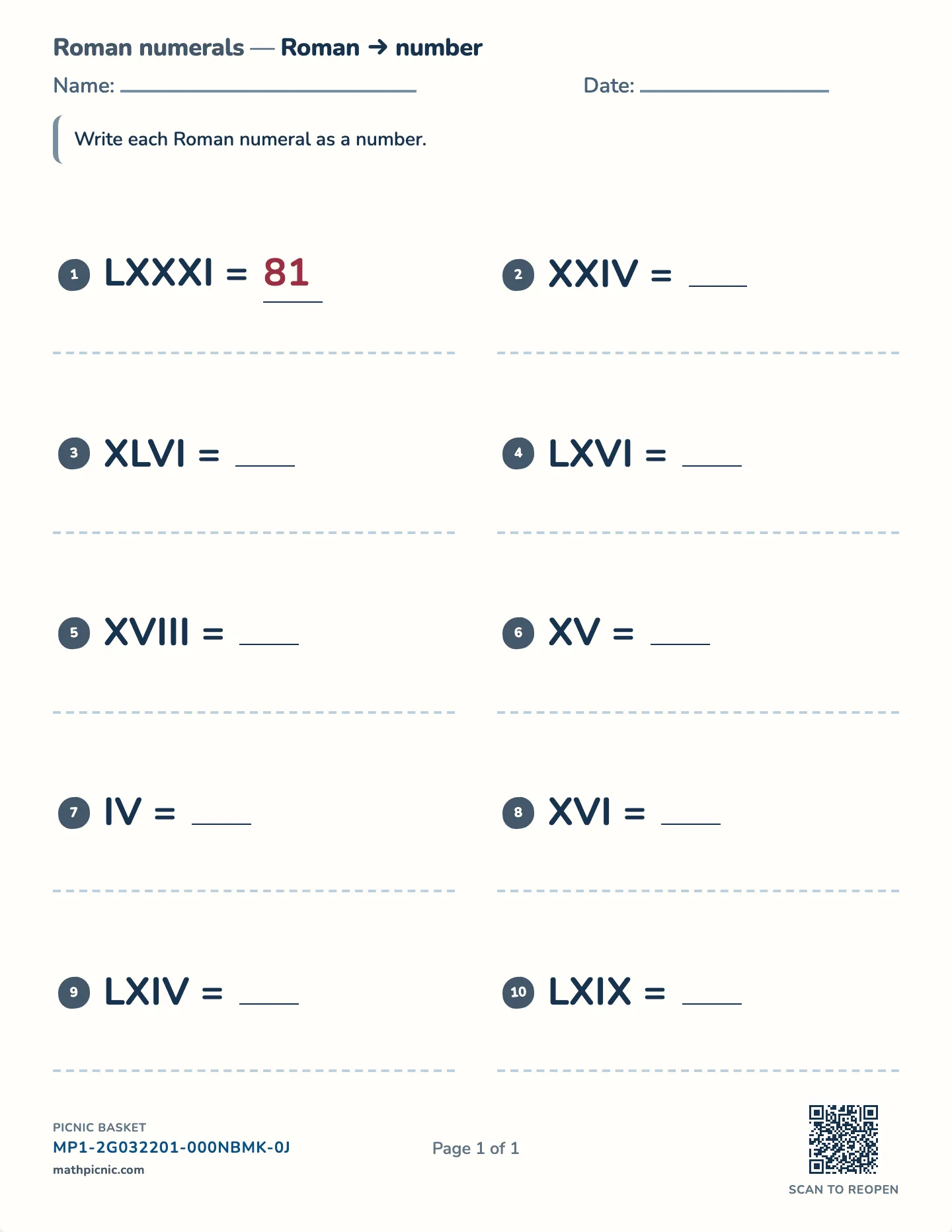Reading Roman numerals worksheet — Numbers 1–100, free printable with answer key