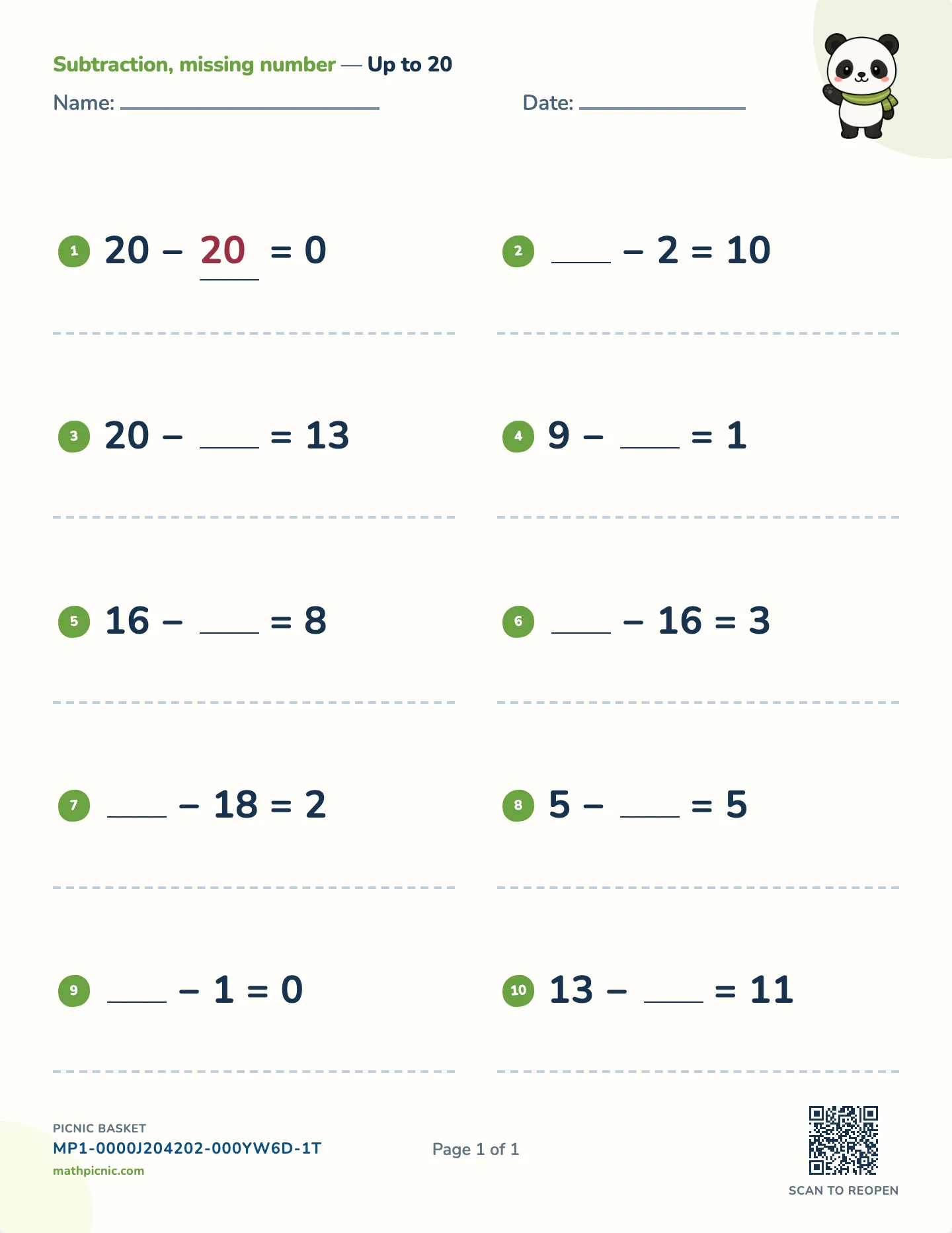 Missing number subtraction worksheet — free printable with answer key