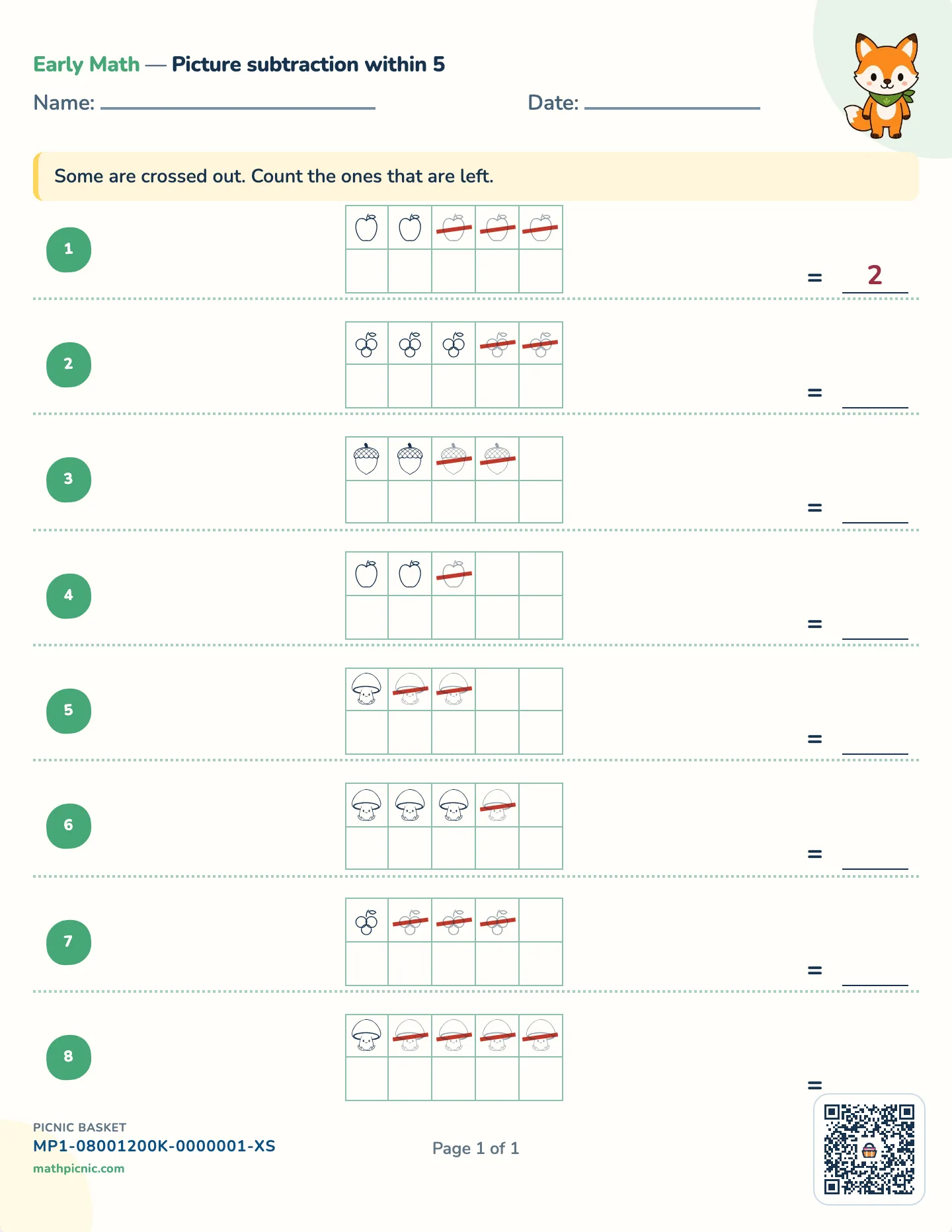 Subtracting within 5 worksheet — Take away within 5, free printable with answer key