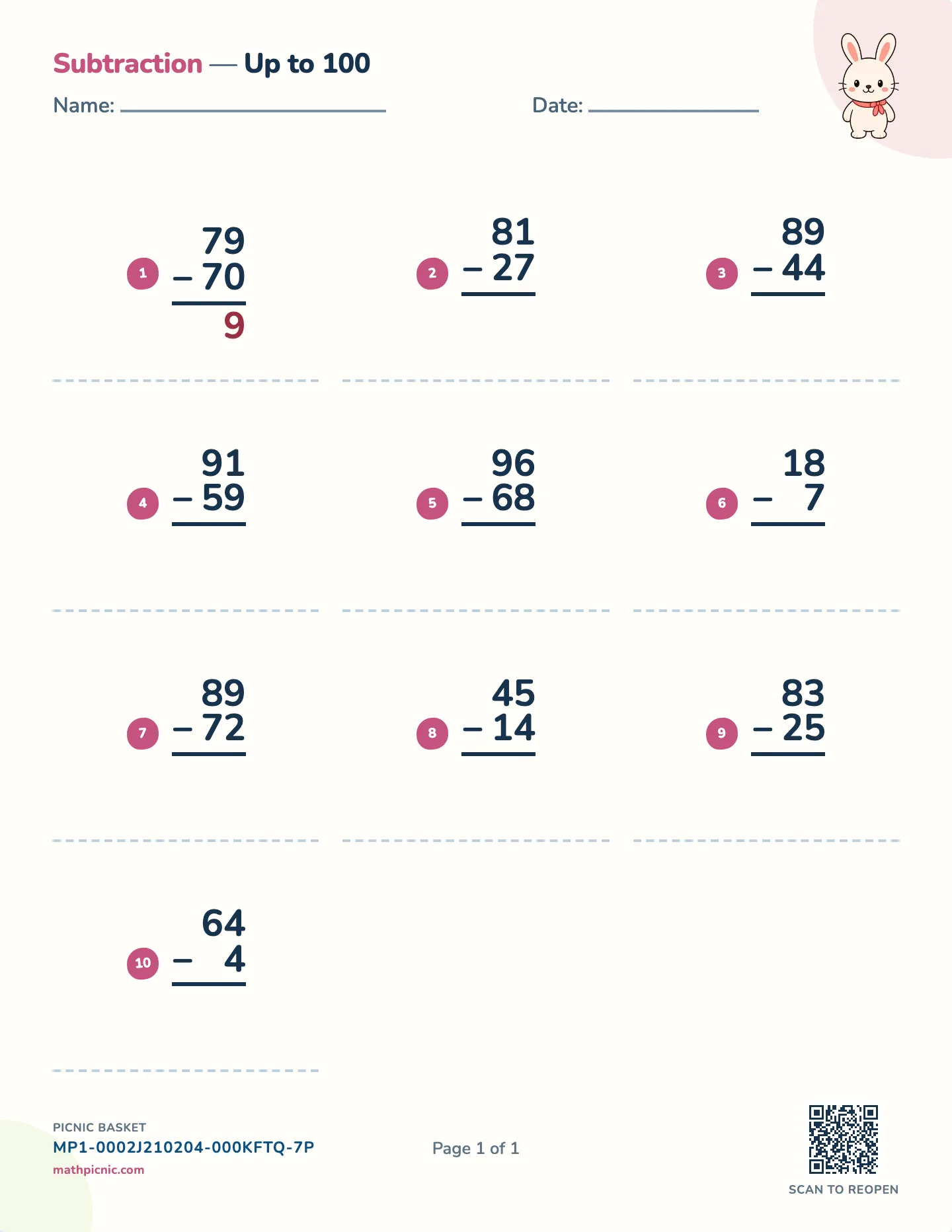 Vertical subtraction worksheet — Stacked columns, free printable with answer key