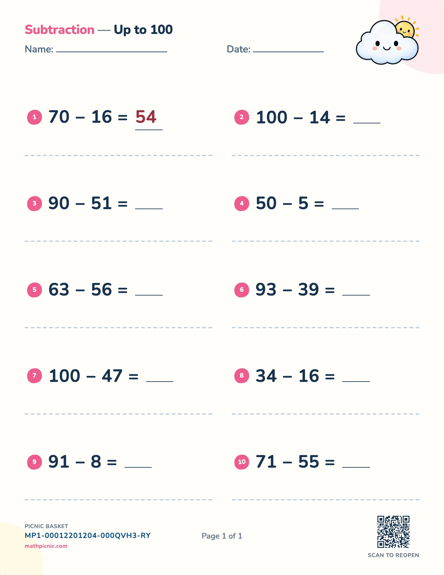 Subtraction with borrowing worksheet — Every problem borrows, free printable with answer key
