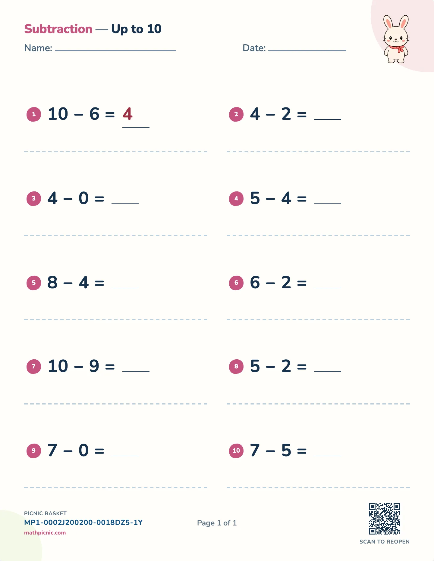 Subtraction within 10 worksheet — Answers within 10, free printable with answer key