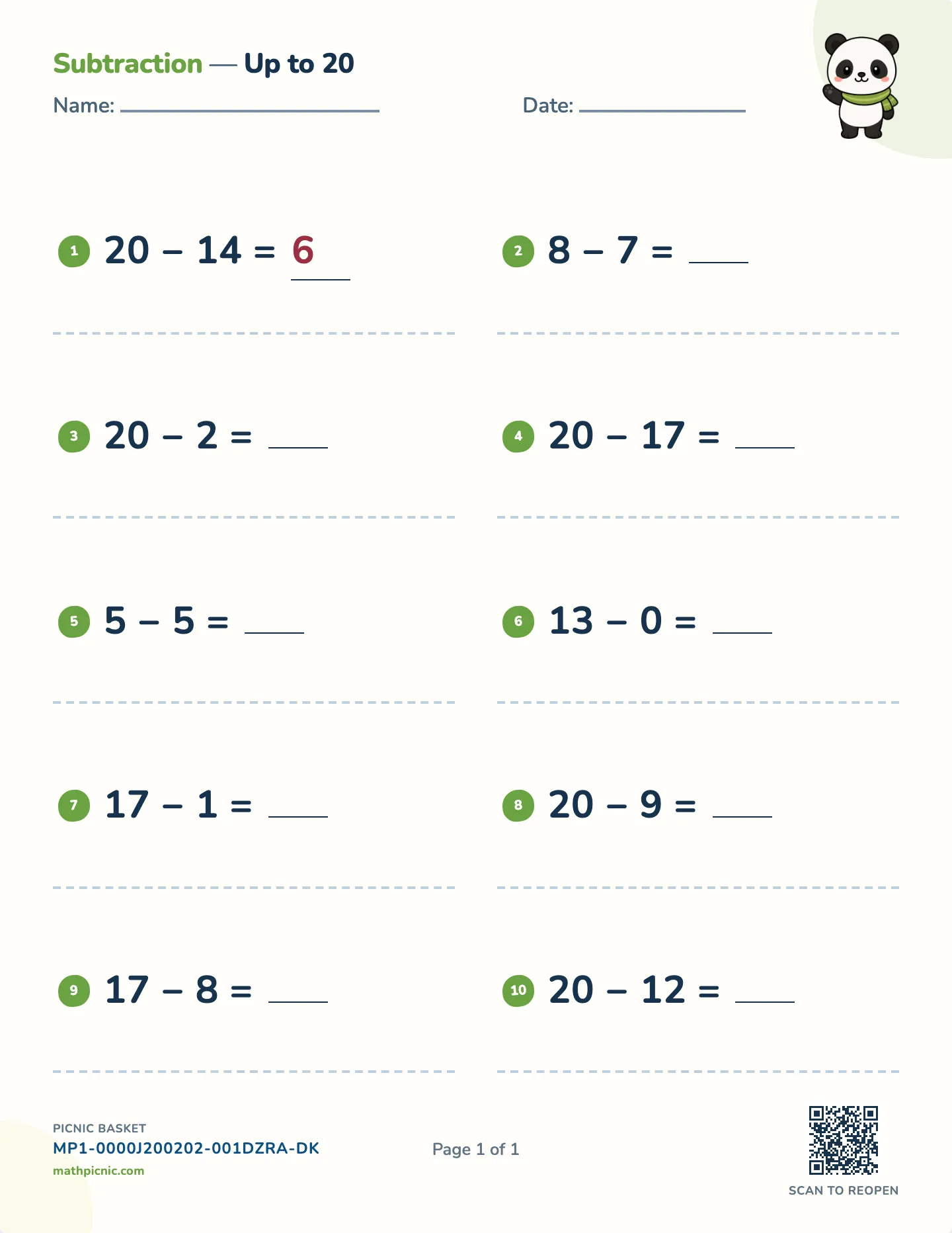 Subtraction within 20 worksheet — Answers within 20, free printable with answer key