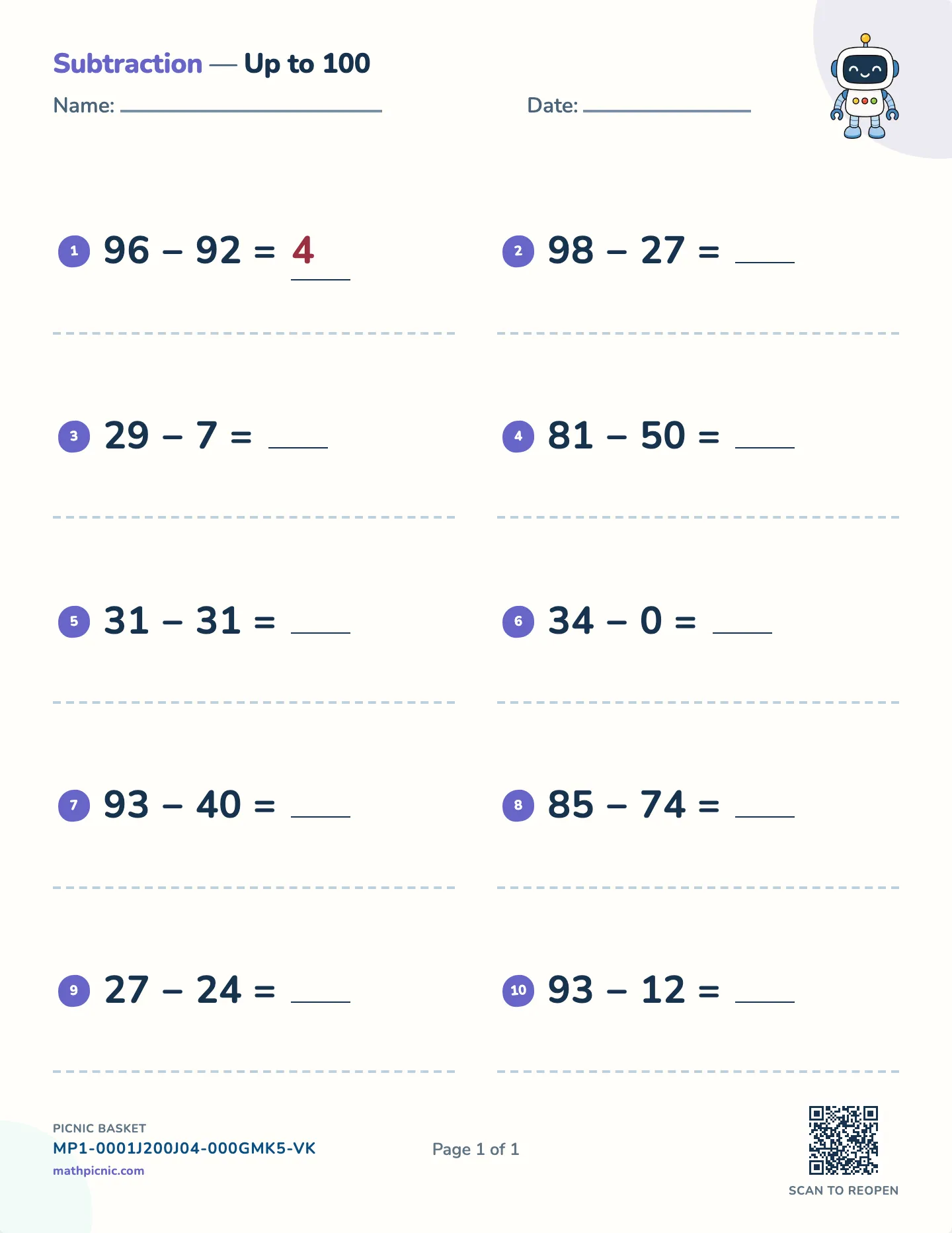 Subtraction without borrowing worksheet — No regrouping, free printable with answer key