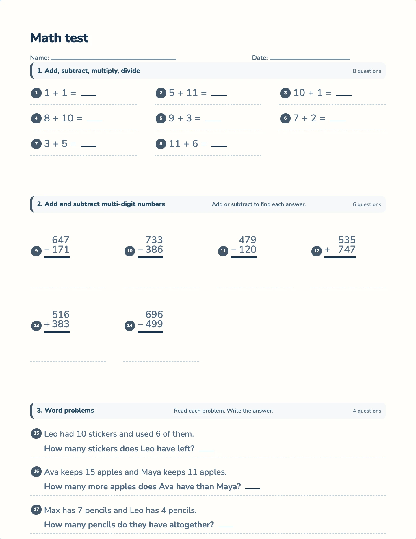 Addition and subtraction test preview