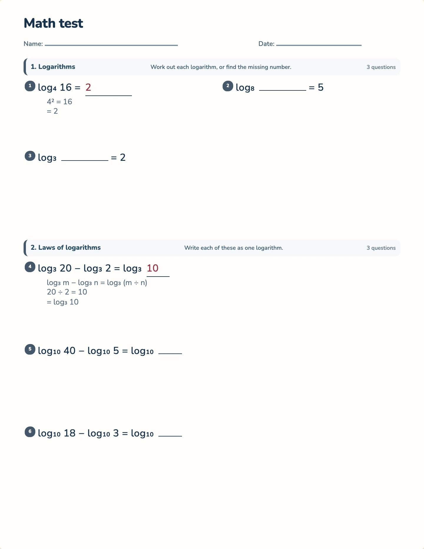 Algebra 2 final exam — printable test paper