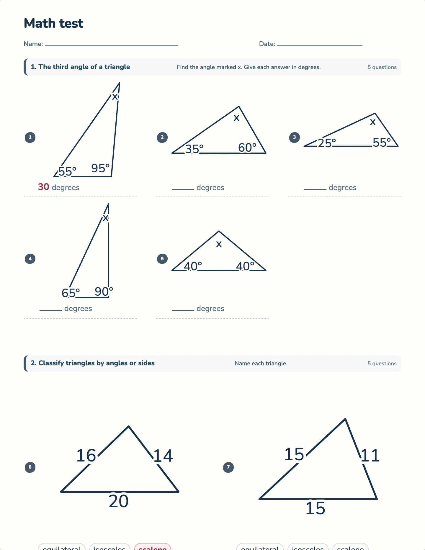 Angles and triangles test — printable test paper