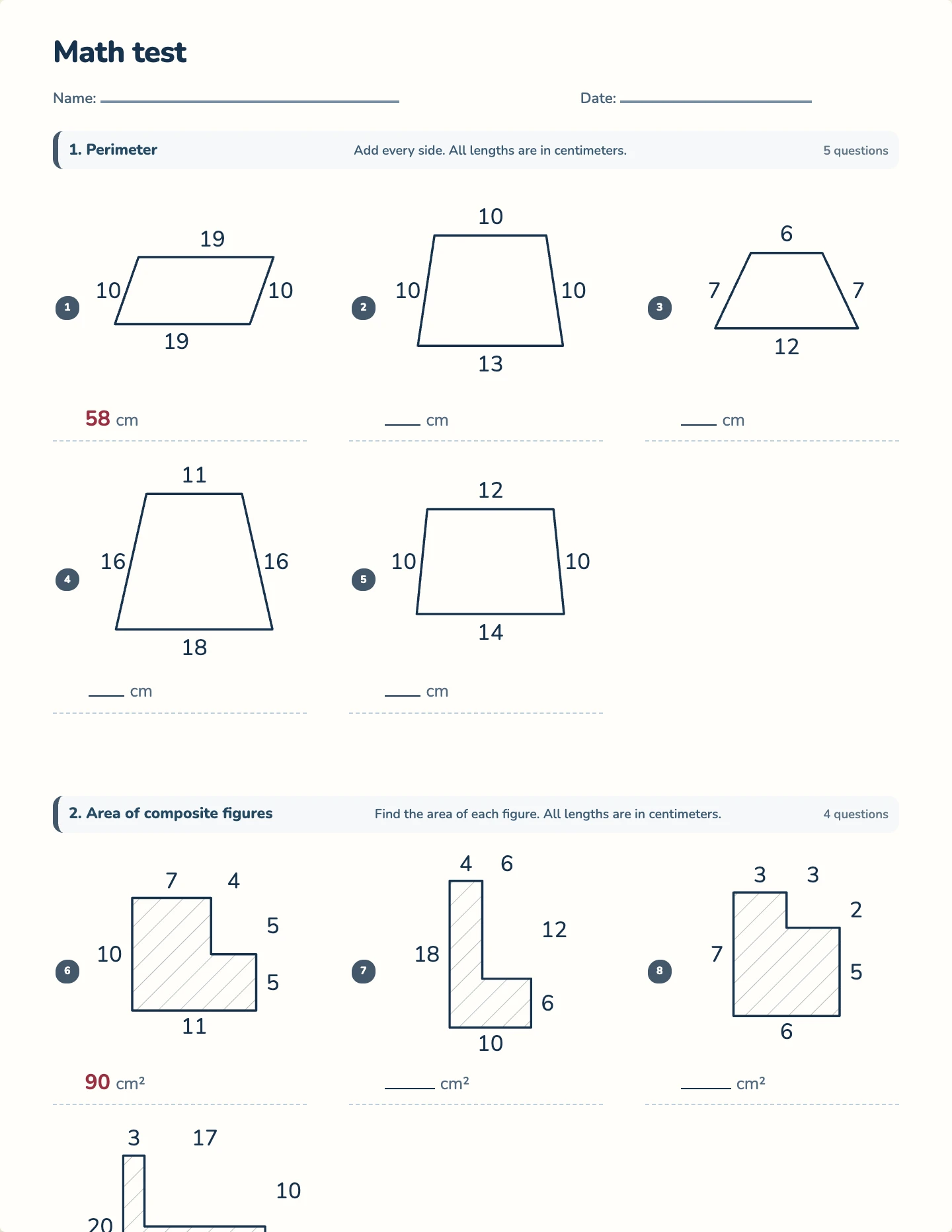 Area, perimeter, and volume test — printable test paper