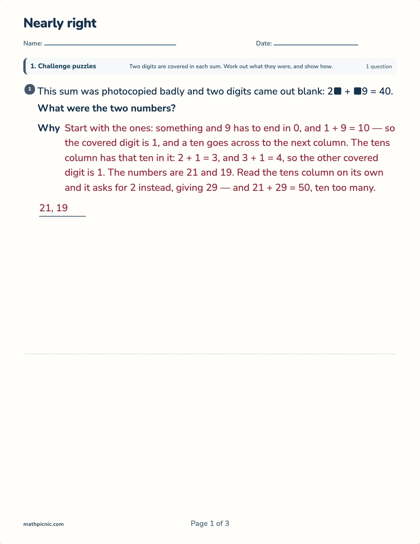 Nearly right — printable test paper
