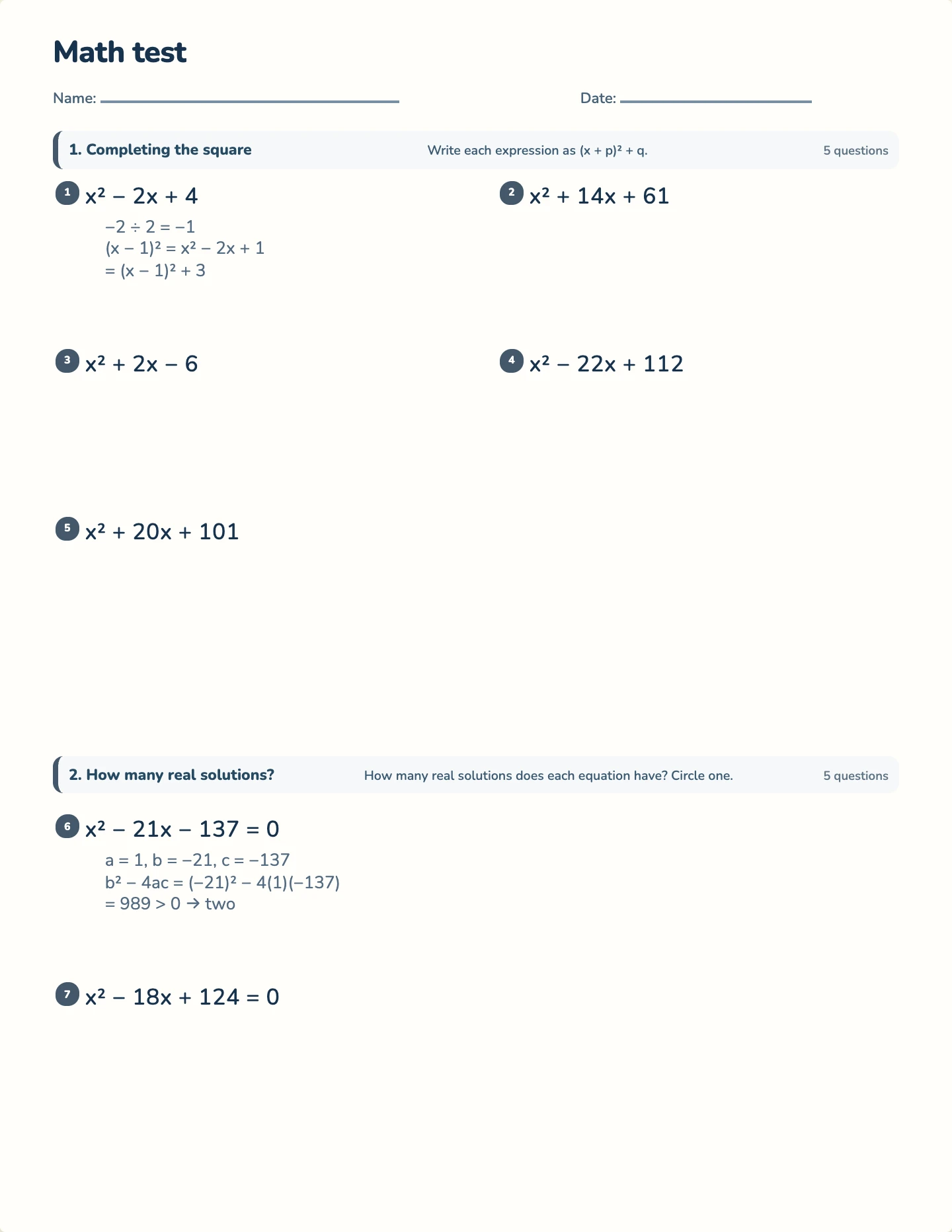 Complex numbers test — printable test paper