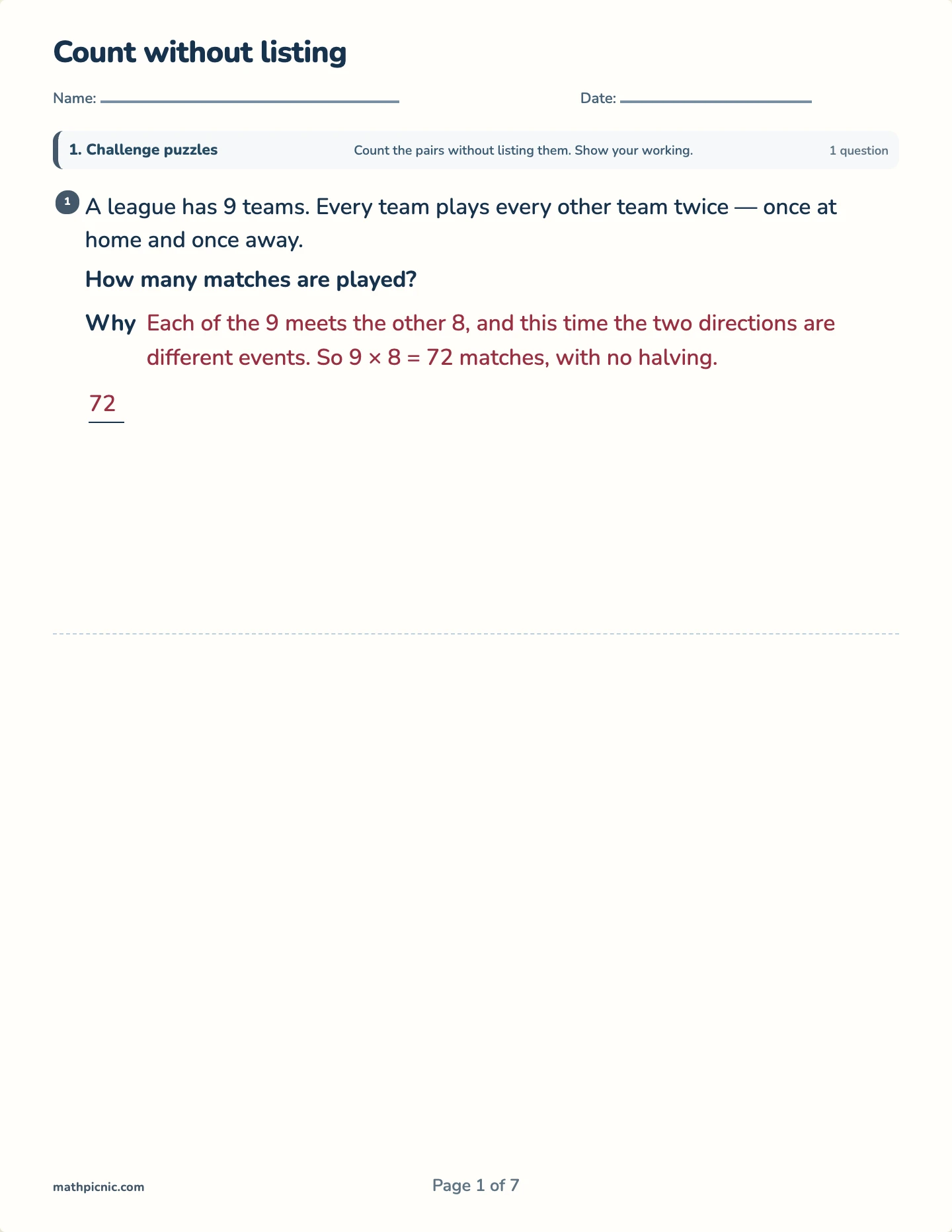 Count without listing — printable test paper