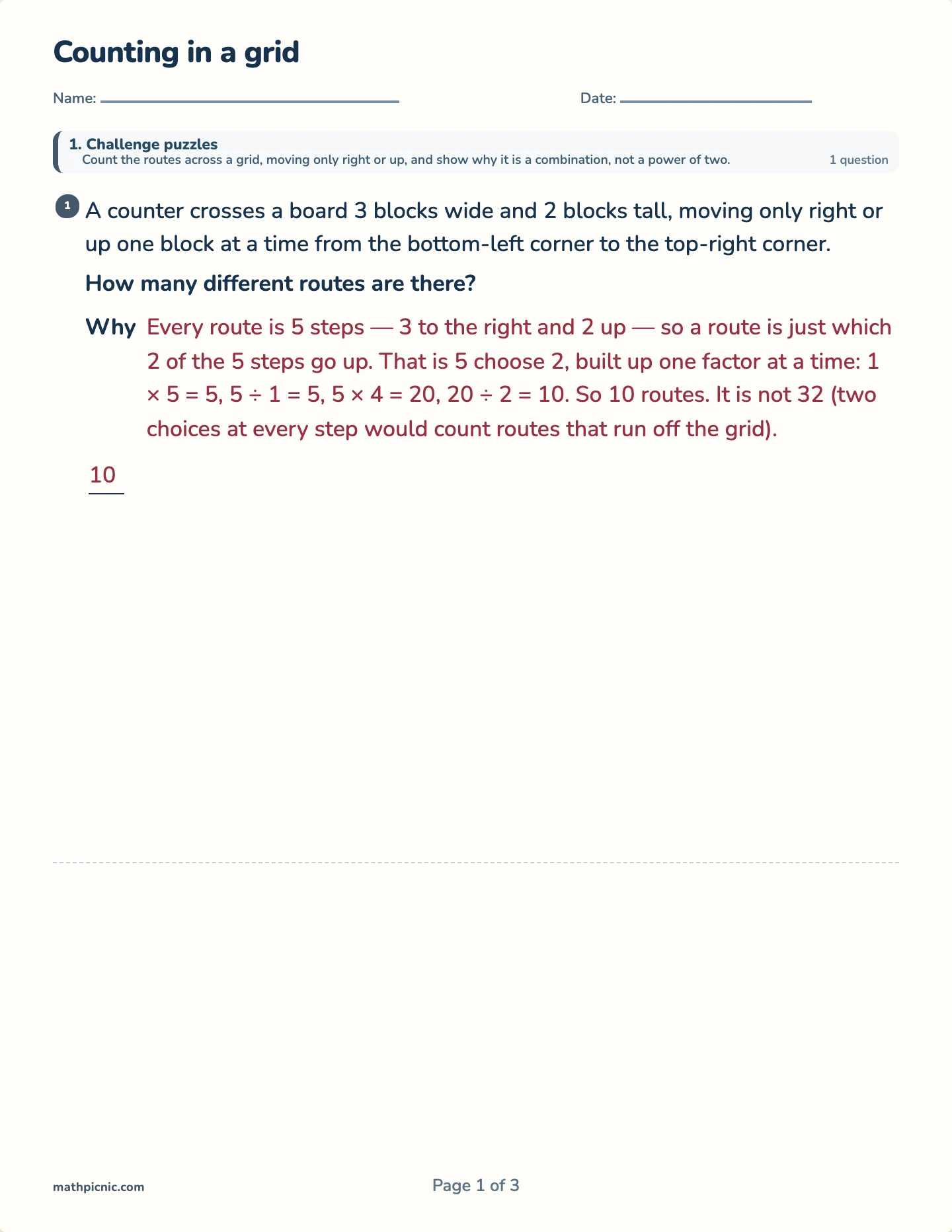 Counting in a grid — printable test paper
