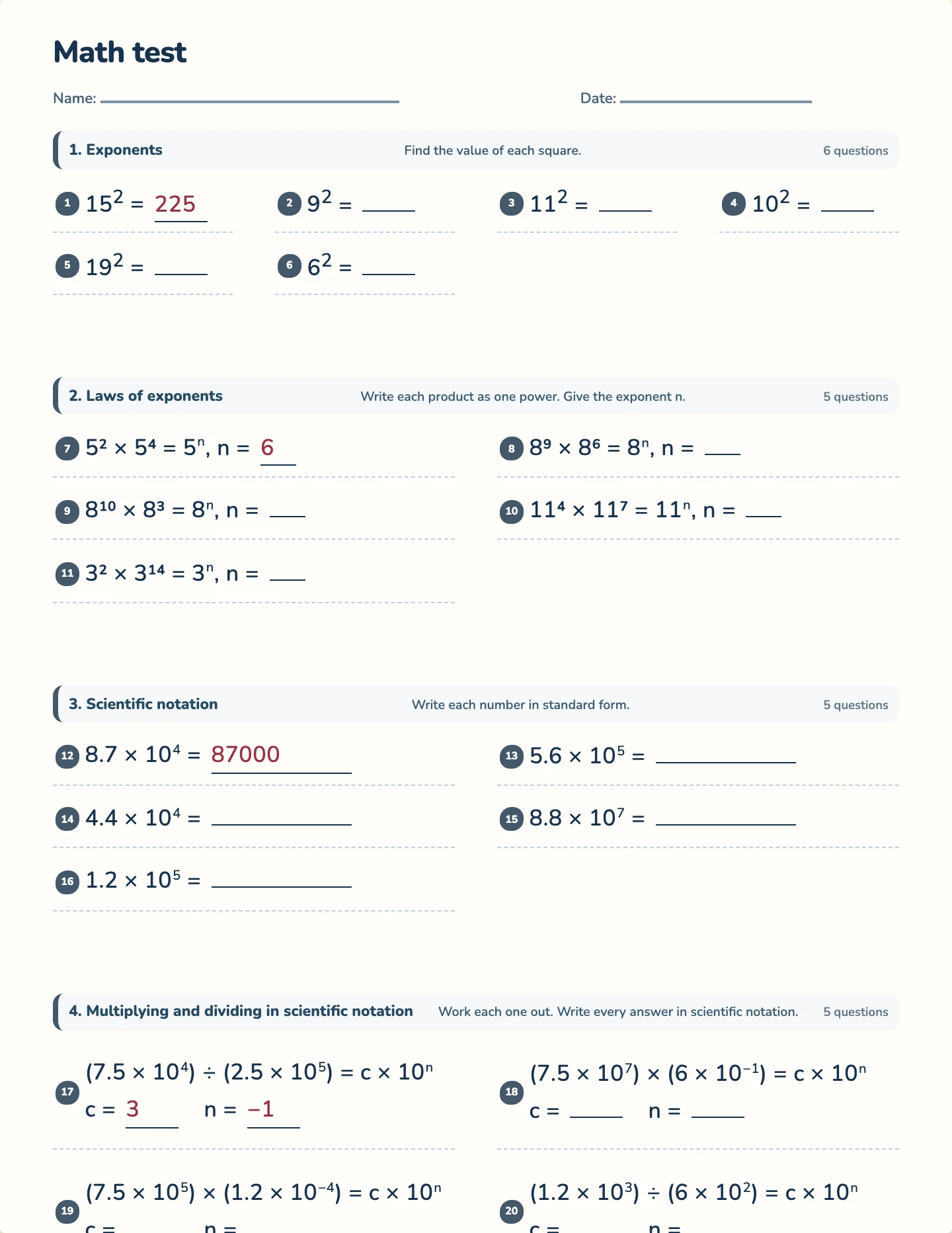 Exponents and scientific notation test — printable test paper