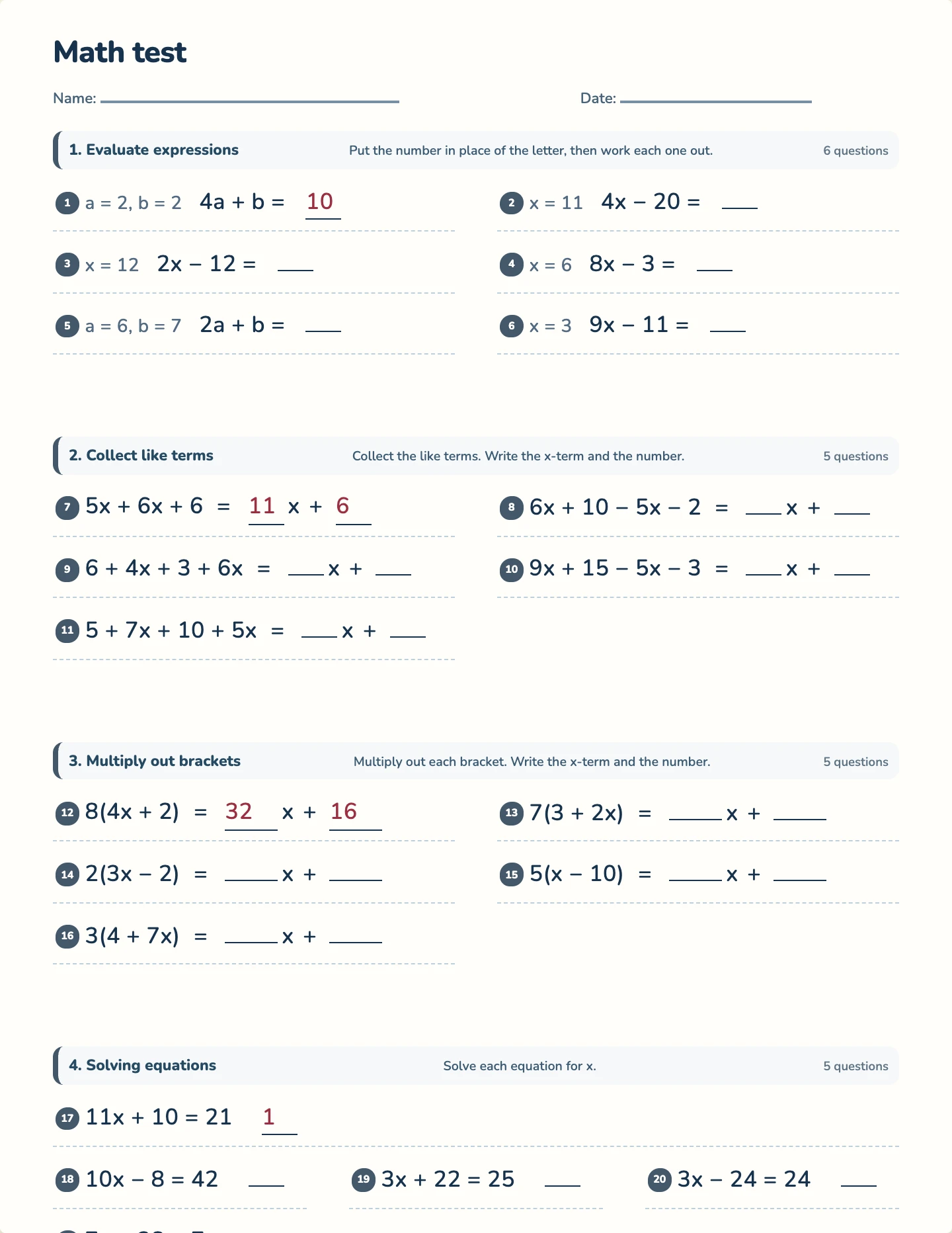 Expressions and equations test — printable test paper