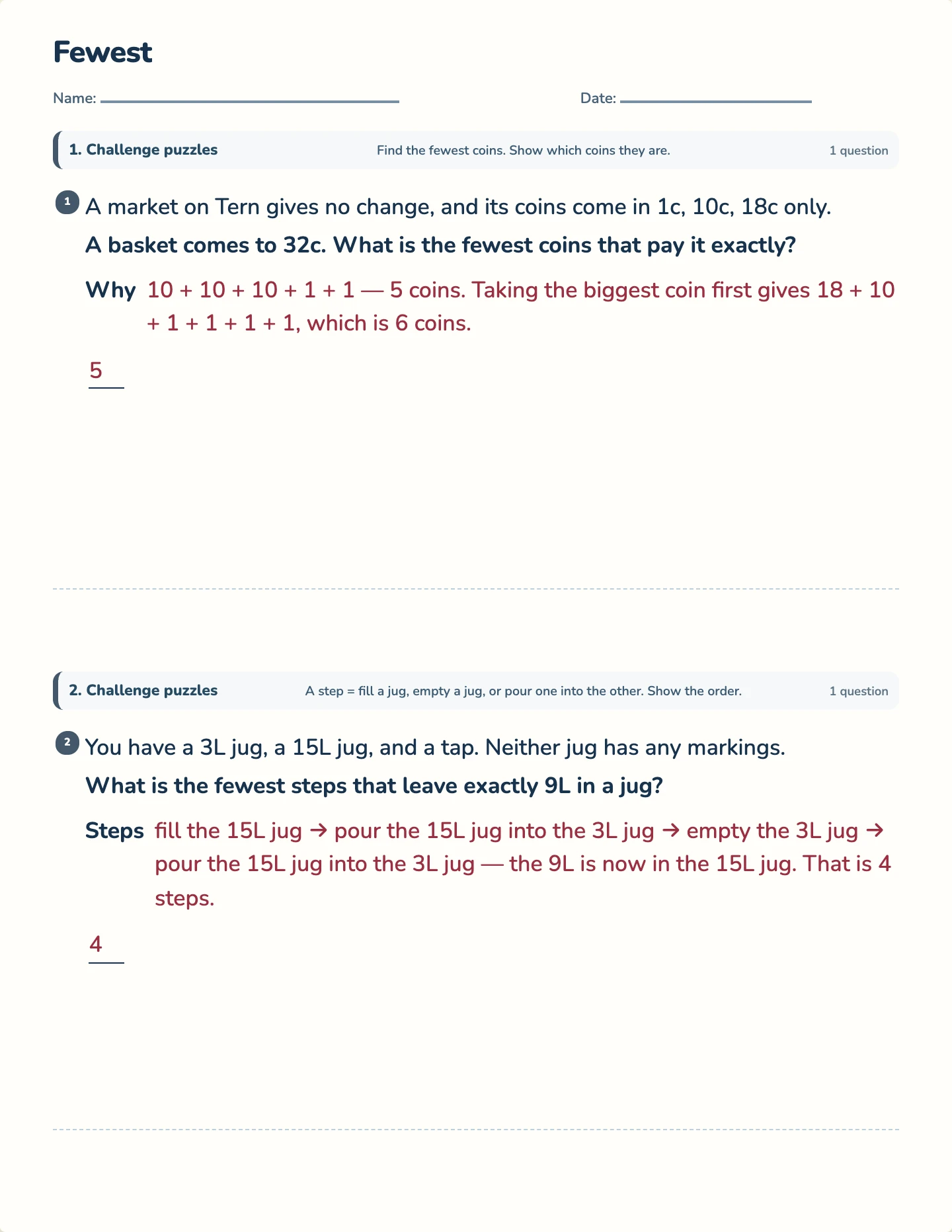 Fewest — printable test paper