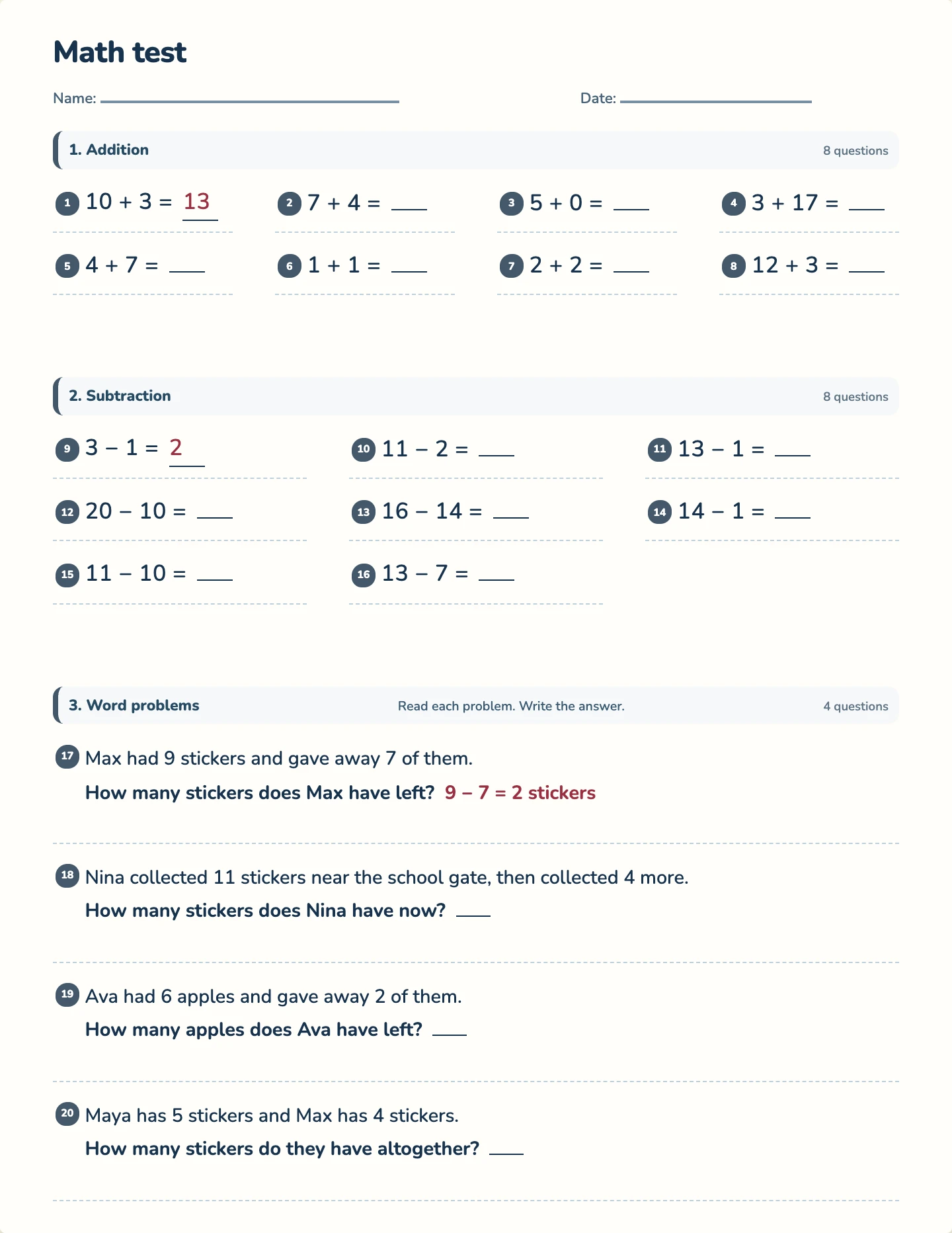 Grade 1 year test — printable test paper