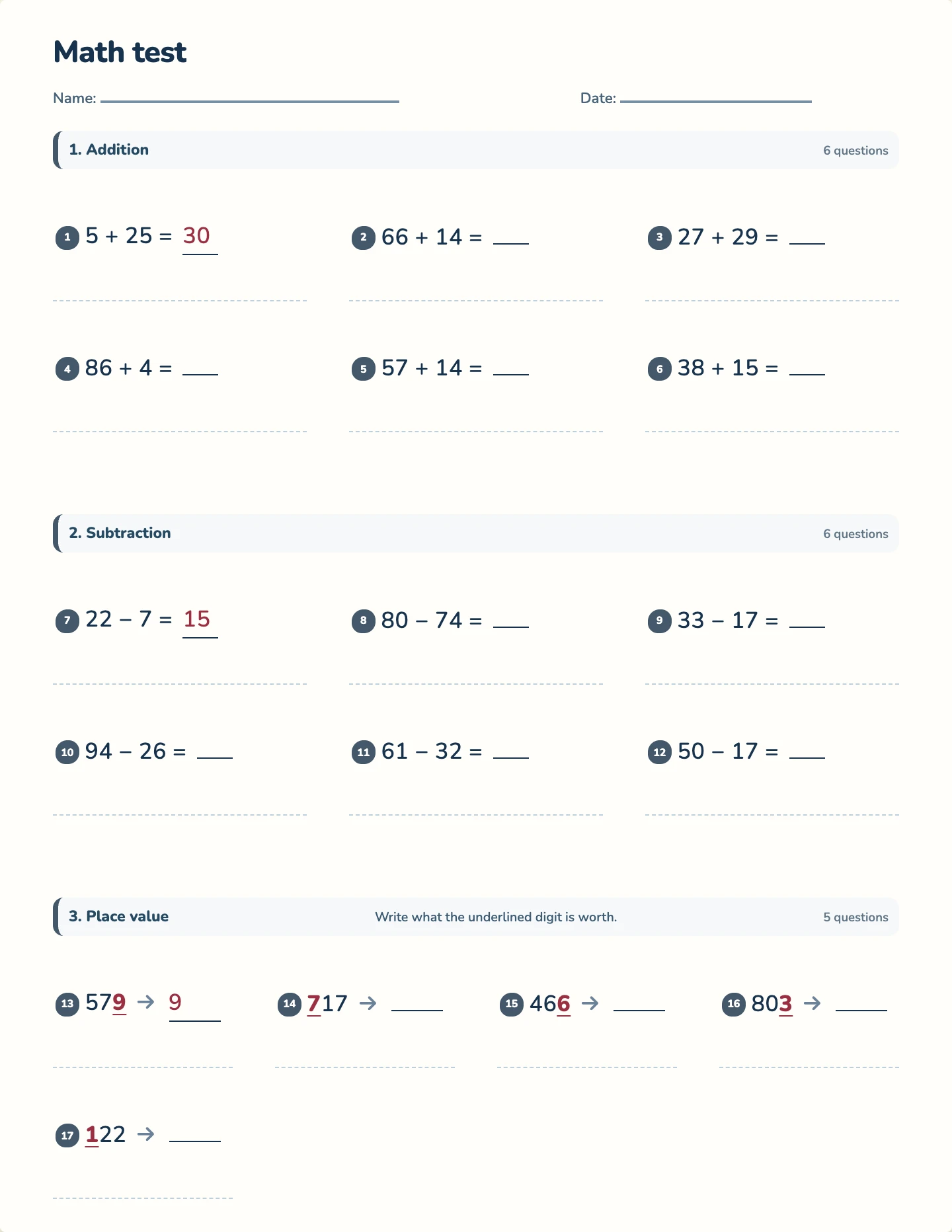 Grade 2 year test — printable test paper