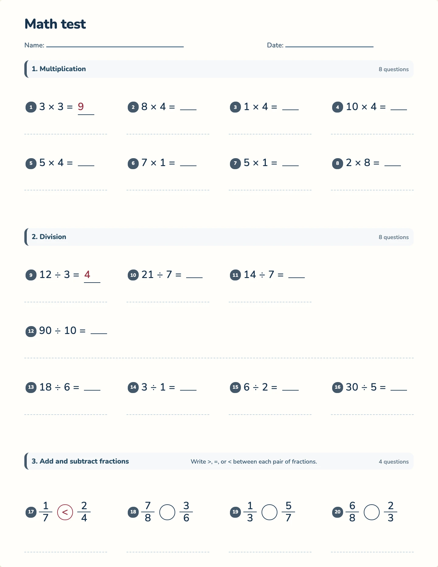 Grade 3 year test — printable test paper