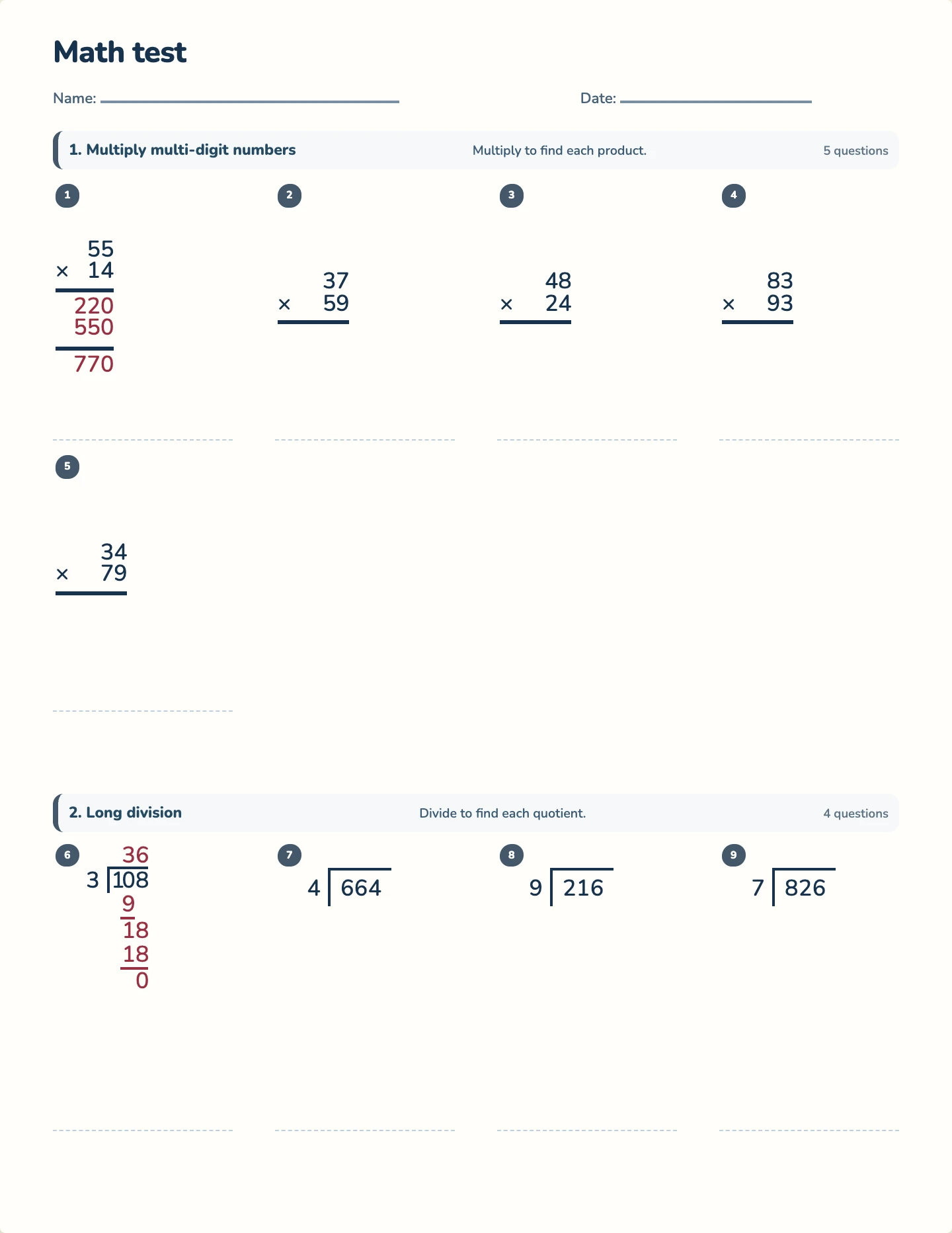 Grade 4 year test — printable test paper