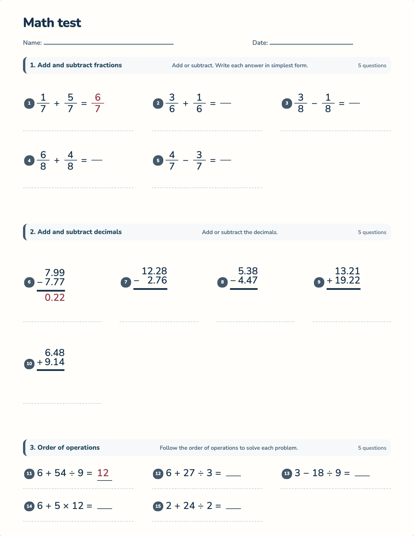 Grade 5 year test — printable test paper