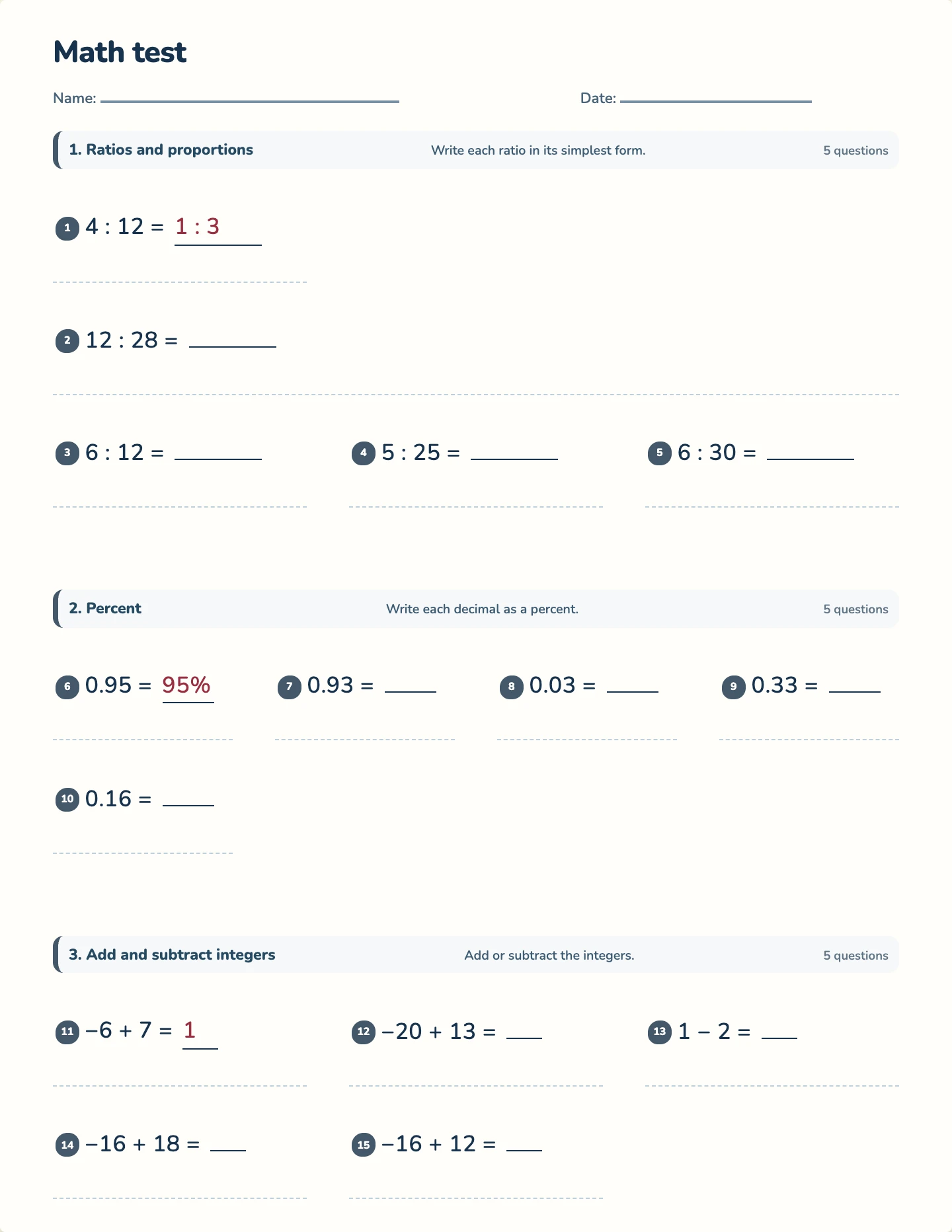 Grade 6 year test — printable test paper