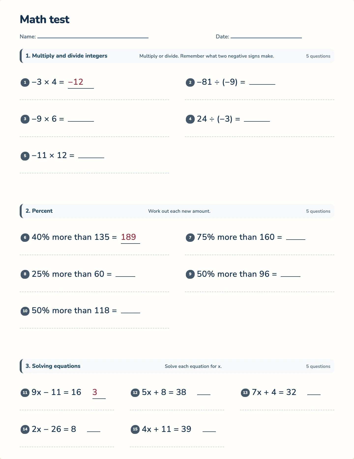 Grade 7 year test — printable test paper