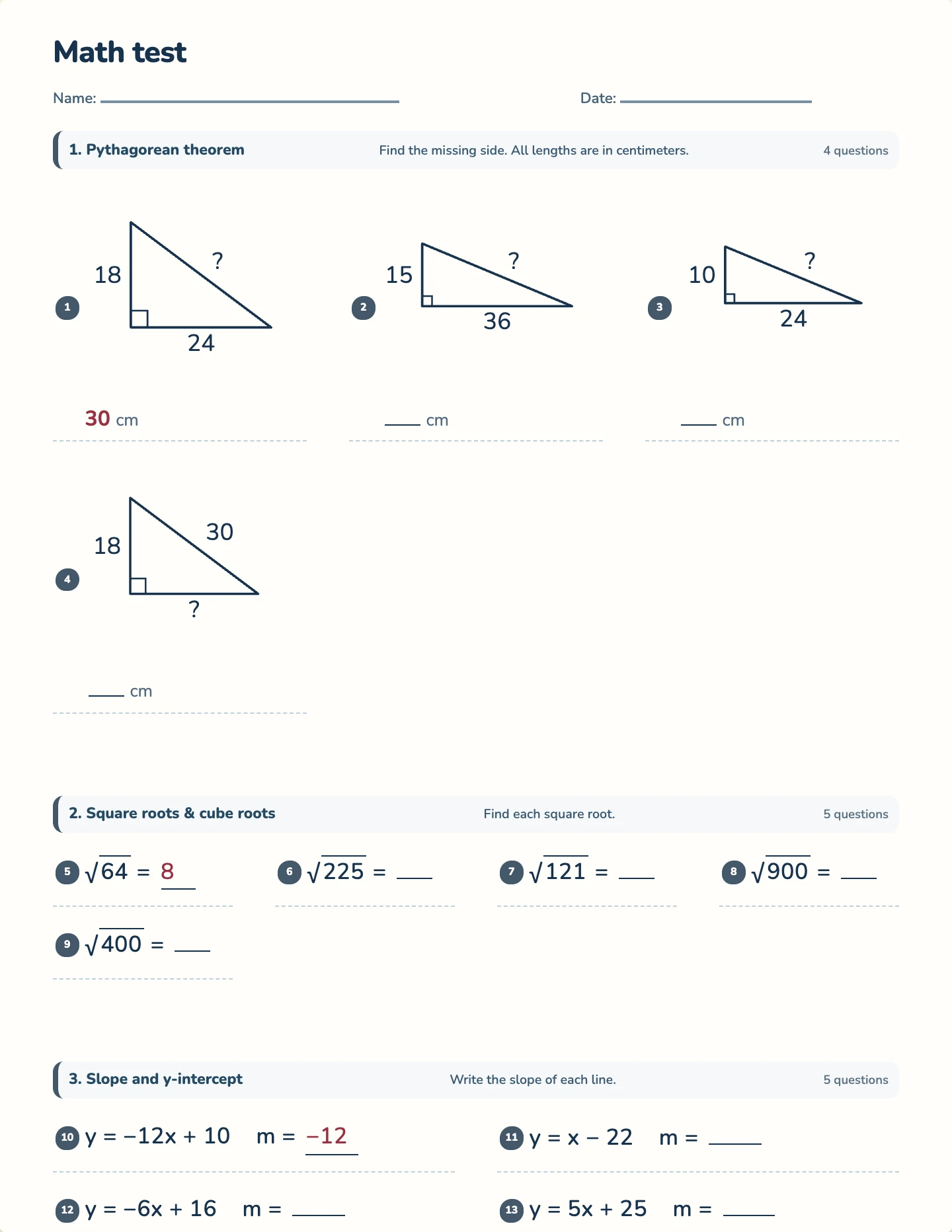 Grade 8 year test — printable test paper