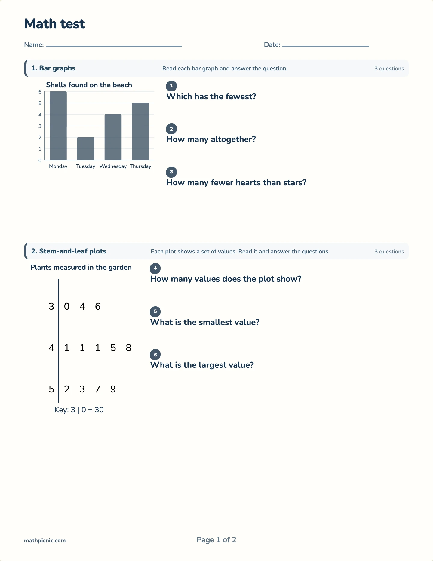 Graphs and data test — printable test paper