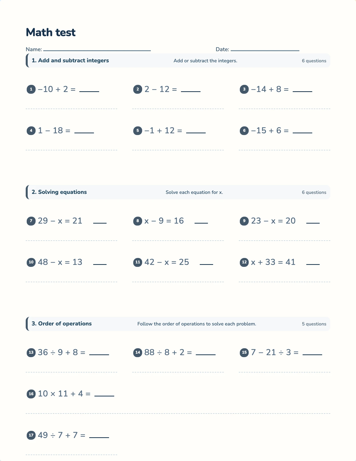 Integers and equations test preview