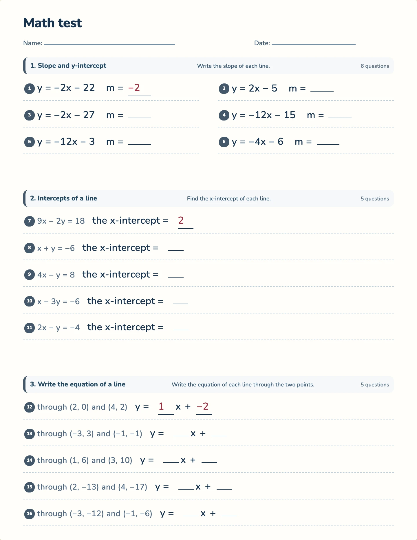 Linear functions and slope test — printable test paper