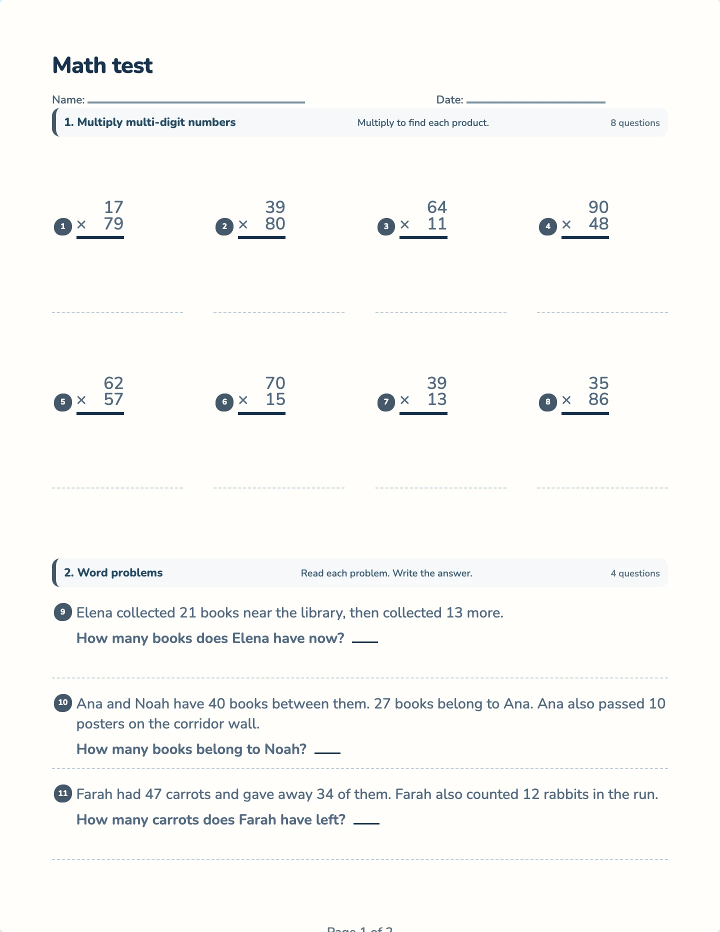 Multi-digit multiplication test preview