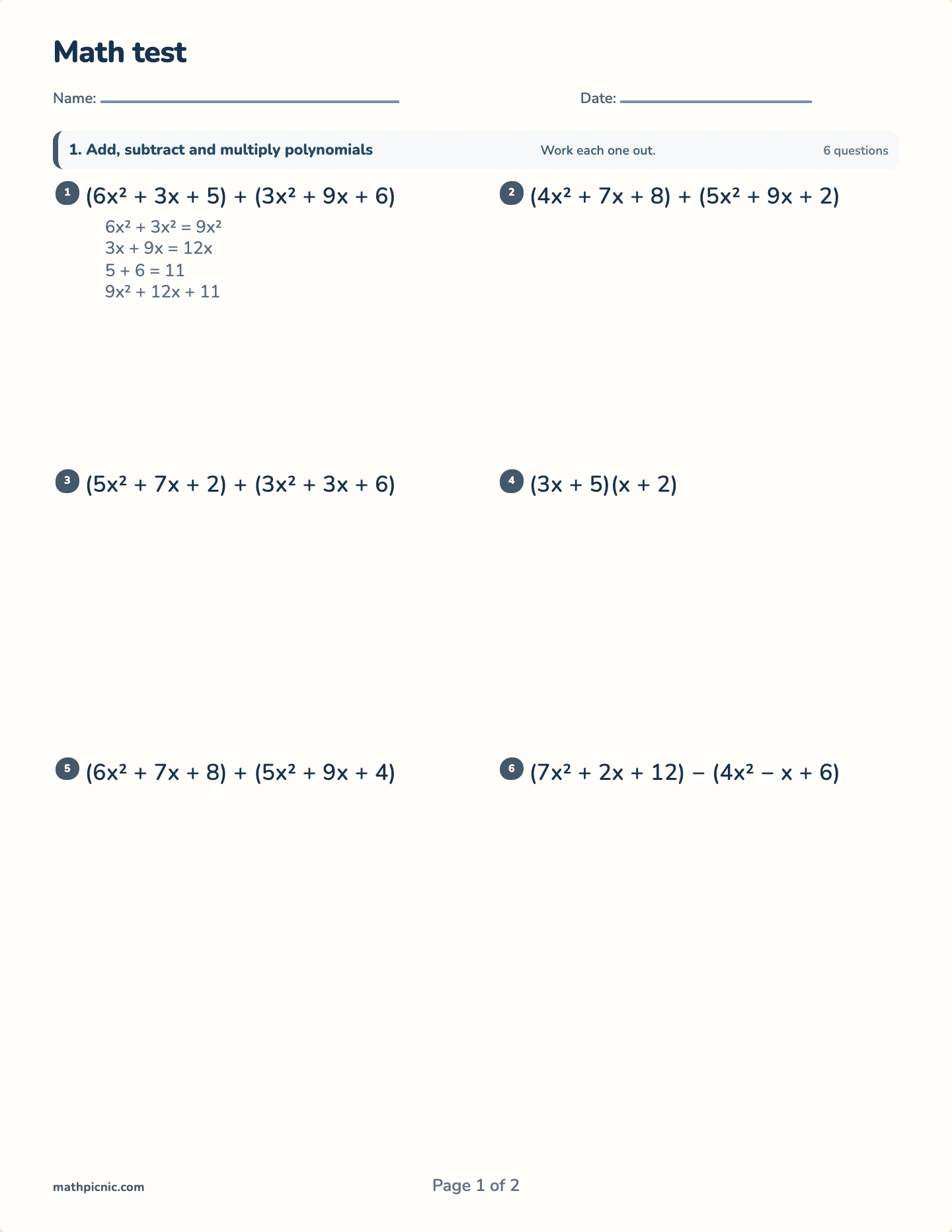 Polynomials test — printable test paper