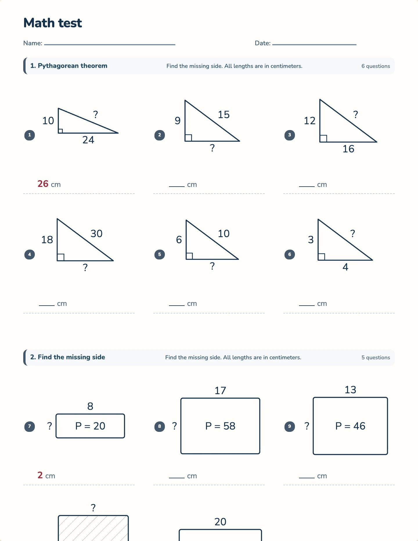 Pythagorean theorem test — printable test paper