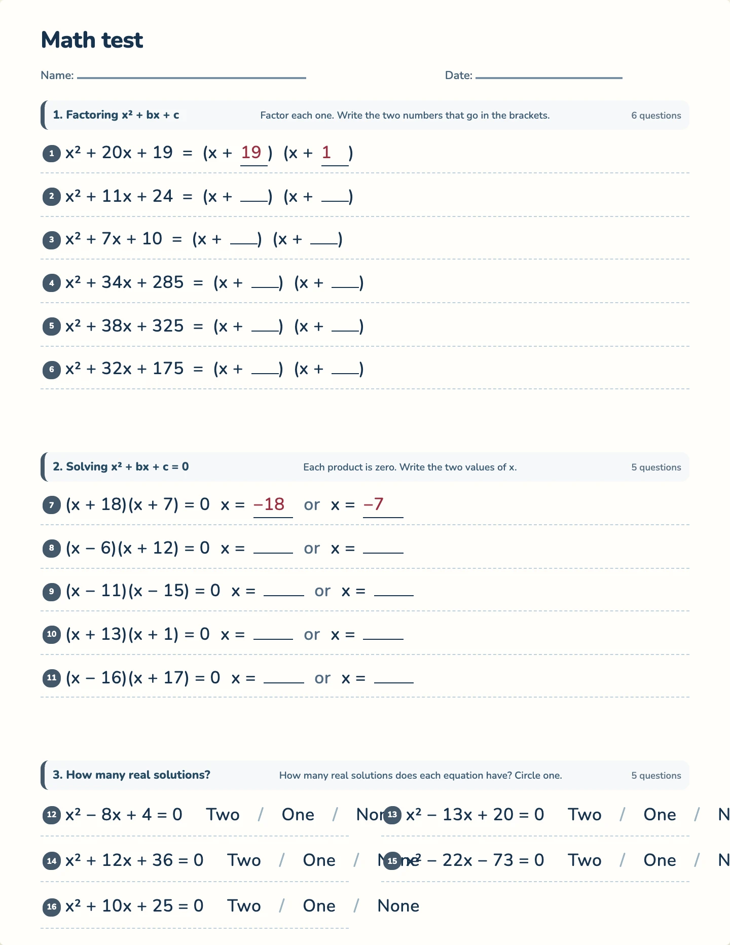 Quadratics and factoring test — printable test paper