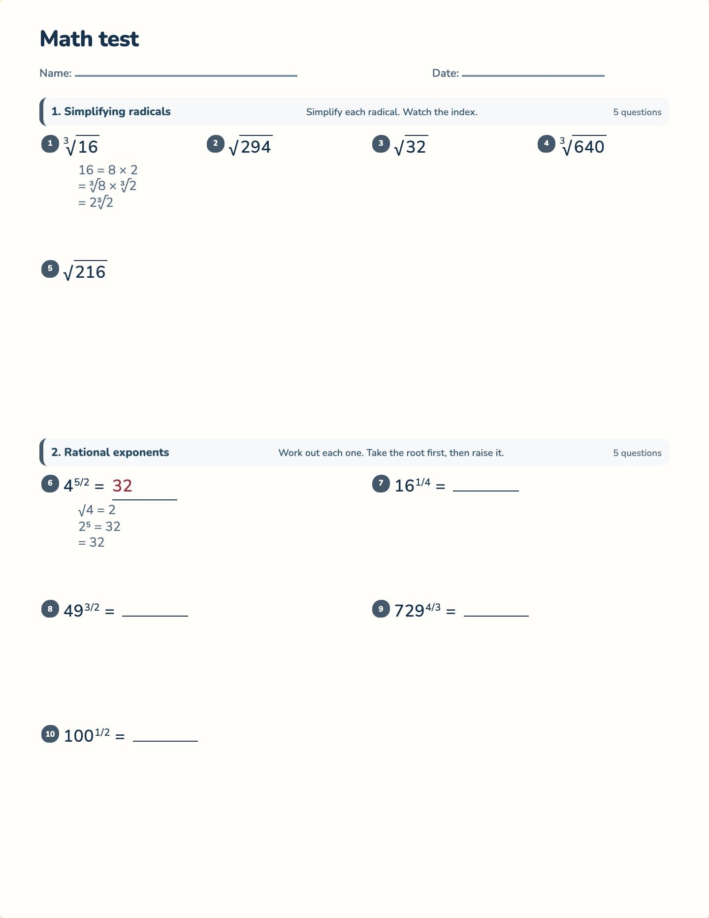 Radicals and rational exponents test — printable test paper
